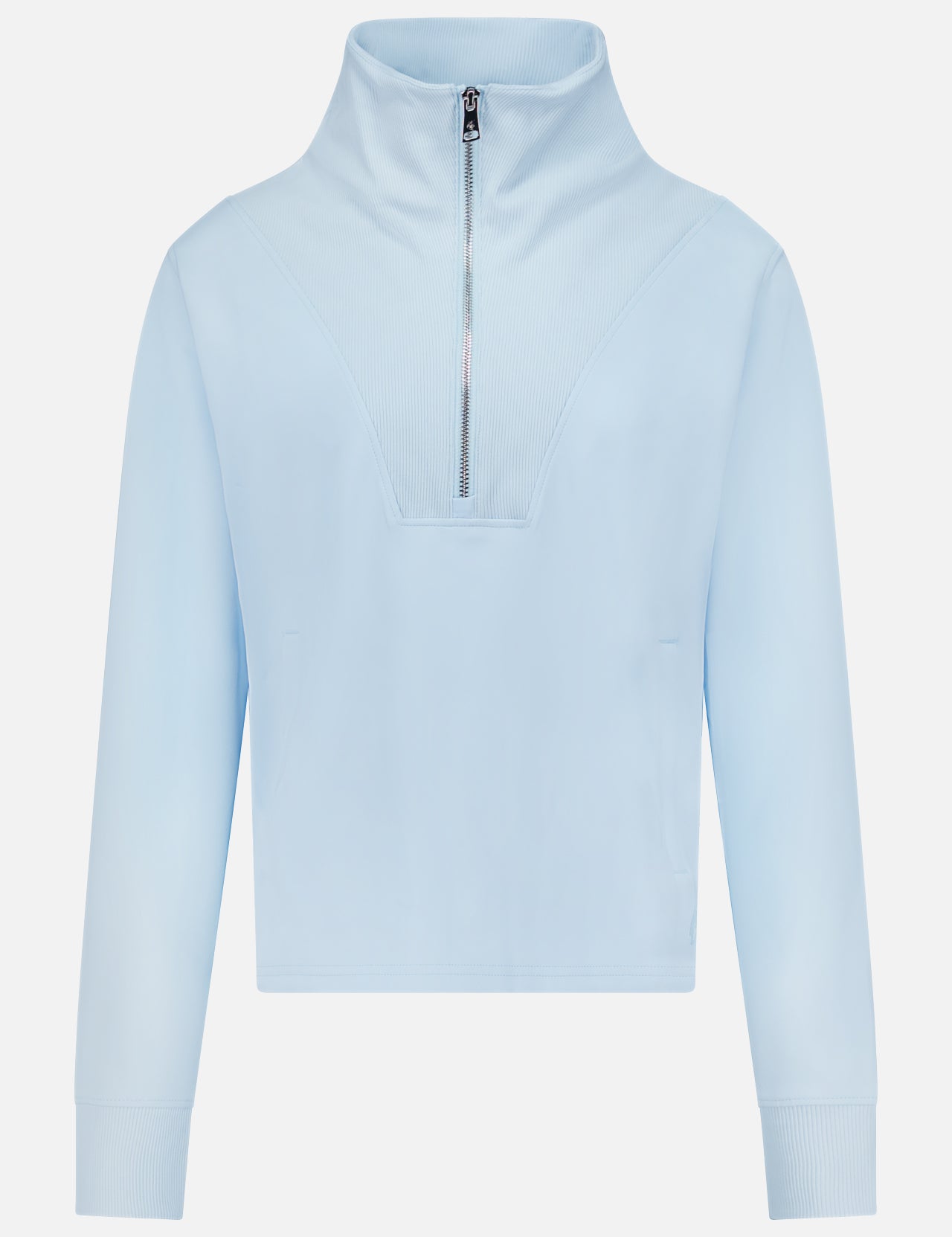 Introducing the GREYSON Soleil 1/2 Zip Pullover Sweater: a light blue, slim-fit long-sleeve with a high collar, ribbed cuffs, and half-zip front closure. Expertly crafted from Italian double-faced fabric, this minimalistic and sporty sweater features no visible logos or patterns. Designed for both outdoor activities and everyday wear, it offers UV and thermal protection for superior comfort.