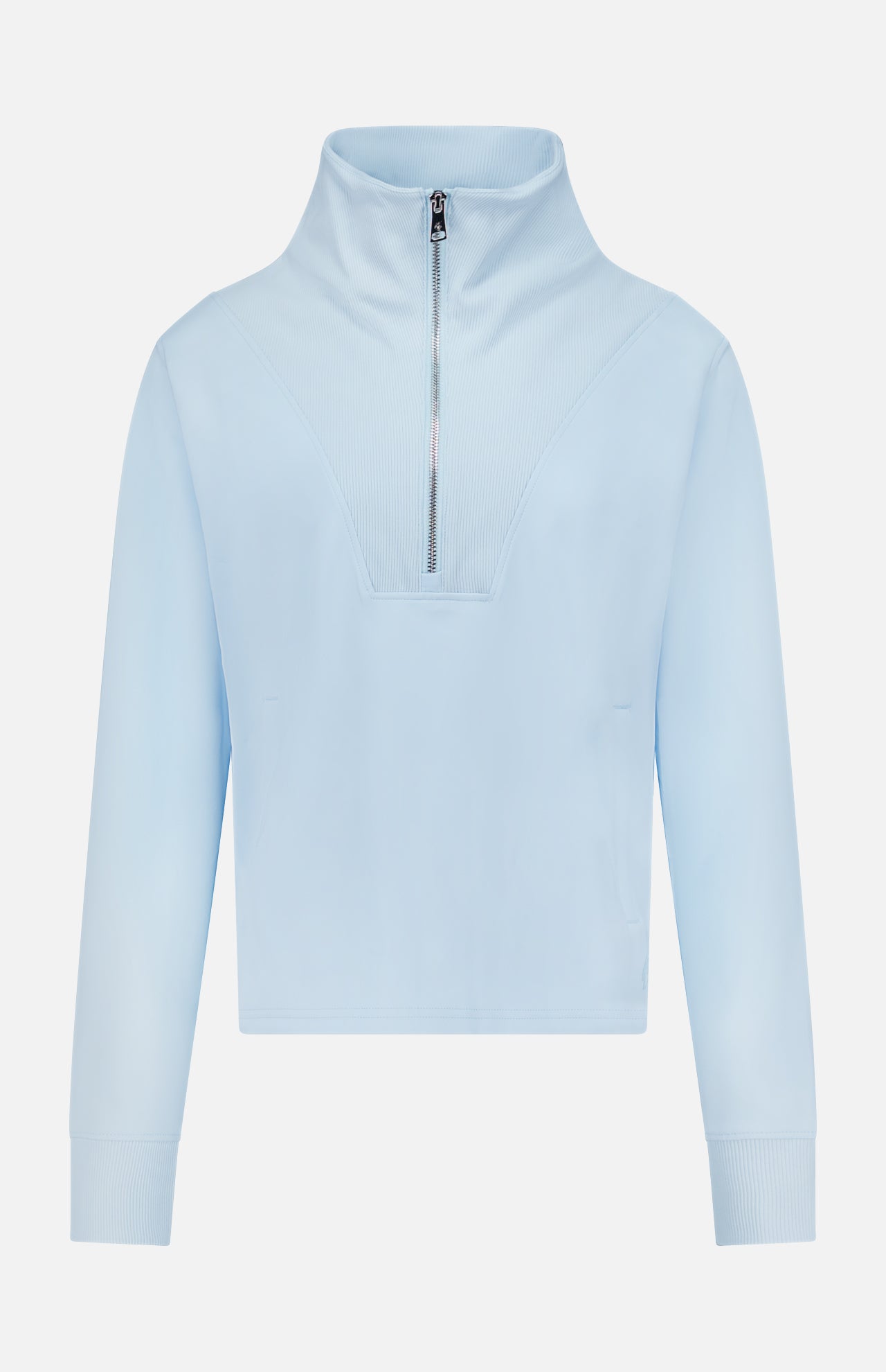 Introducing the GREYSON Soleil 1/2 Zip Pullover Sweater: a light blue, slim-fit long-sleeve with a high collar, ribbed cuffs, and half-zip front closure. Expertly crafted from Italian double-faced fabric, this minimalistic and sporty sweater features no visible logos or patterns. Designed for both outdoor activities and everyday wear, it offers UV and thermal protection for superior comfort.