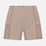 Taupe high-waisted Soleil Mini Polo Dress athletic shorts made from Italian performance fabric, featuring side mesh pockets.