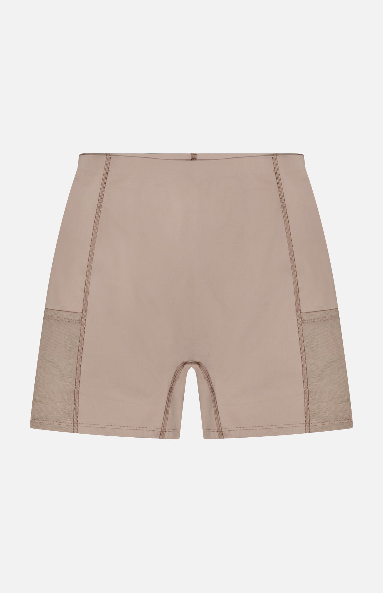 Taupe high-waisted Soleil Mini Polo Dress athletic shorts made from Italian performance fabric, featuring side mesh pockets.