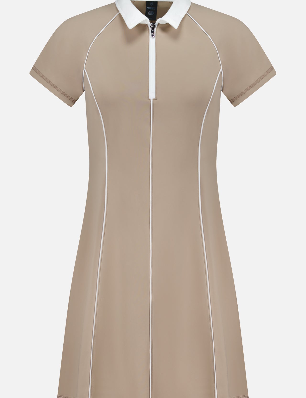 Greyson Soleil Mini Polo Dress in beige, featuring a white collar, quarter-zip neckline, and white piping details along the seams.