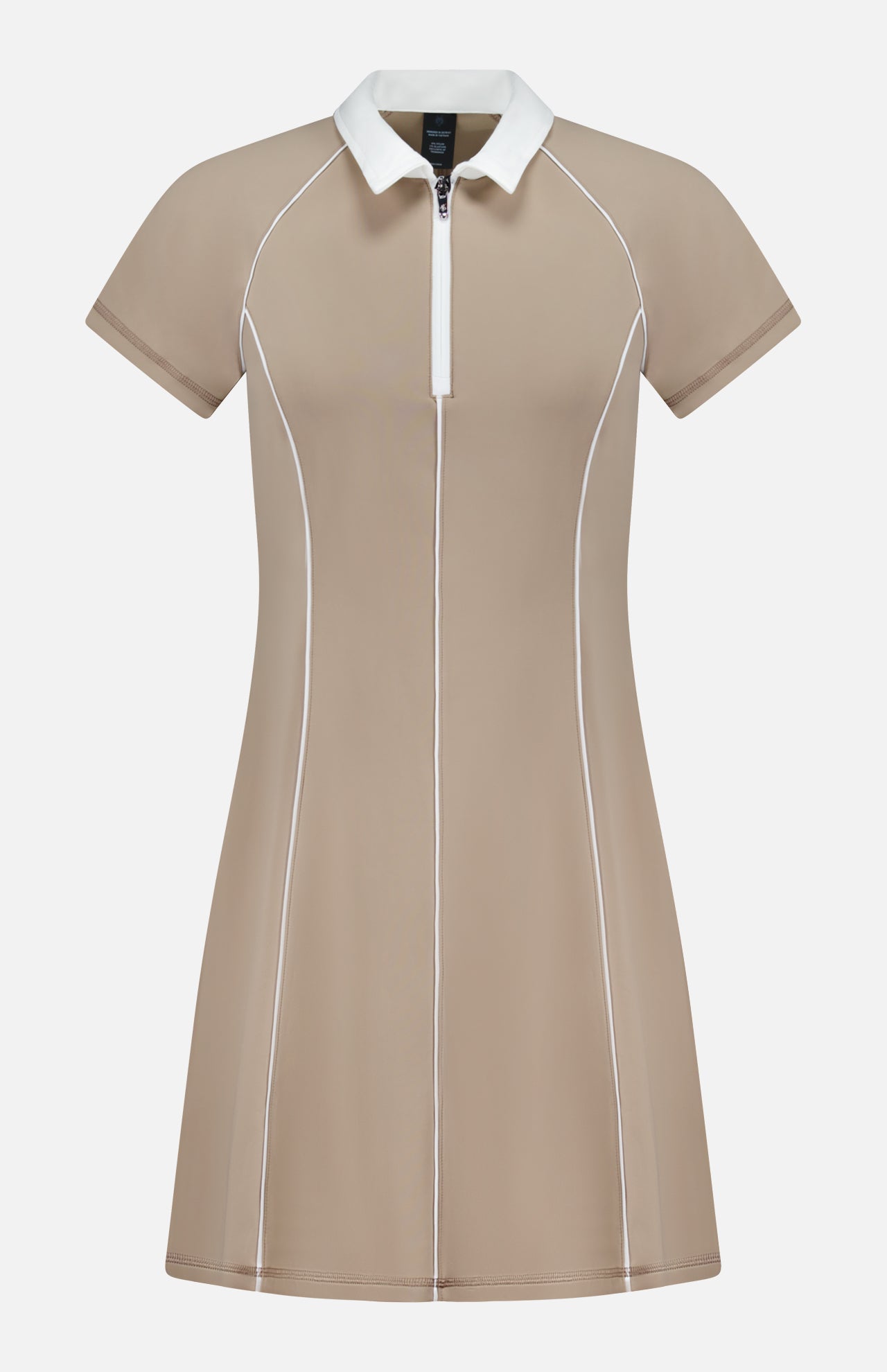 Greyson Soleil Mini Polo Dress in beige, featuring a white collar, quarter-zip neckline, and white piping details along the seams.