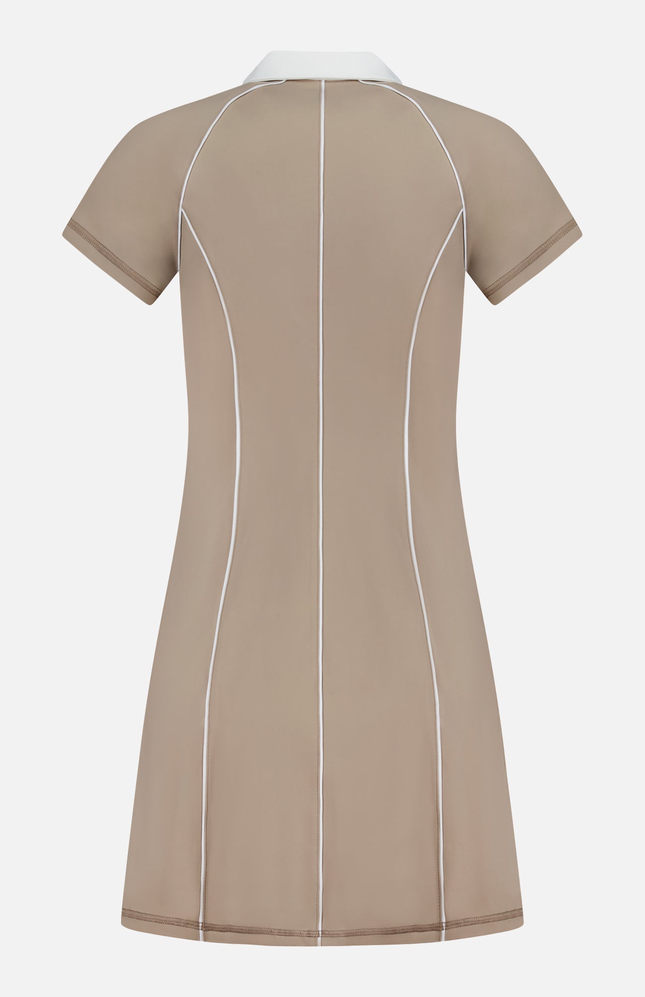 Back view of a tan Soleil Mini Polo Dress by Greyson, crafted from Italian performance fabric with a white collar and vertical piping details.