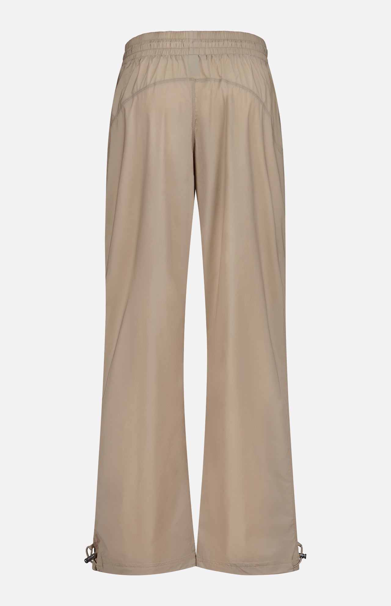 Beige Wide Nylon Pant with Drawcords featuring an elastic drawstring waistband, wide legs, and adjustable toggle hems.