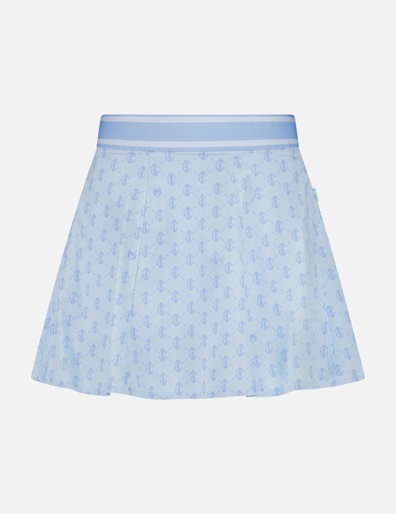The GREYSON Wolf Links Phoenix Flare Mini Skirt features a light blue hue with a subtle all-over repeating wolf links monogram pattern, a wide waistband, and built-in shorts for added comfort, shown against a plain white background.
