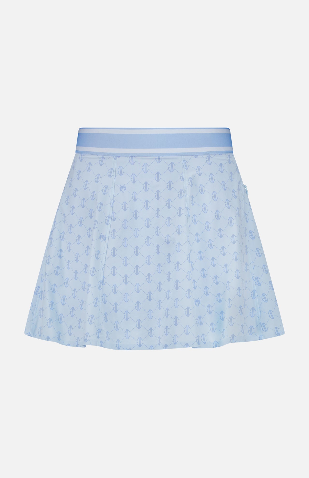The GREYSON Wolf Links Phoenix Flare Mini Skirt features a light blue hue with a subtle all-over repeating wolf links monogram pattern, a wide waistband, and built-in shorts for added comfort, shown against a plain white background.
