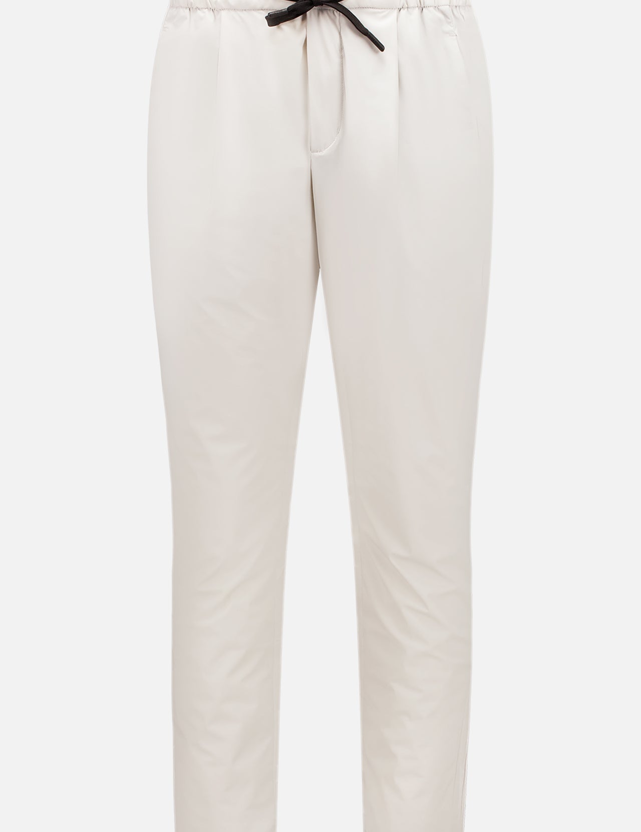 The HERNO Laminar Trousers are ice-colored, straight-leg pants made from technical fabric, designed with a relaxed fit, elastic waistband with black drawstring, and front button closure. Shown against a white background.