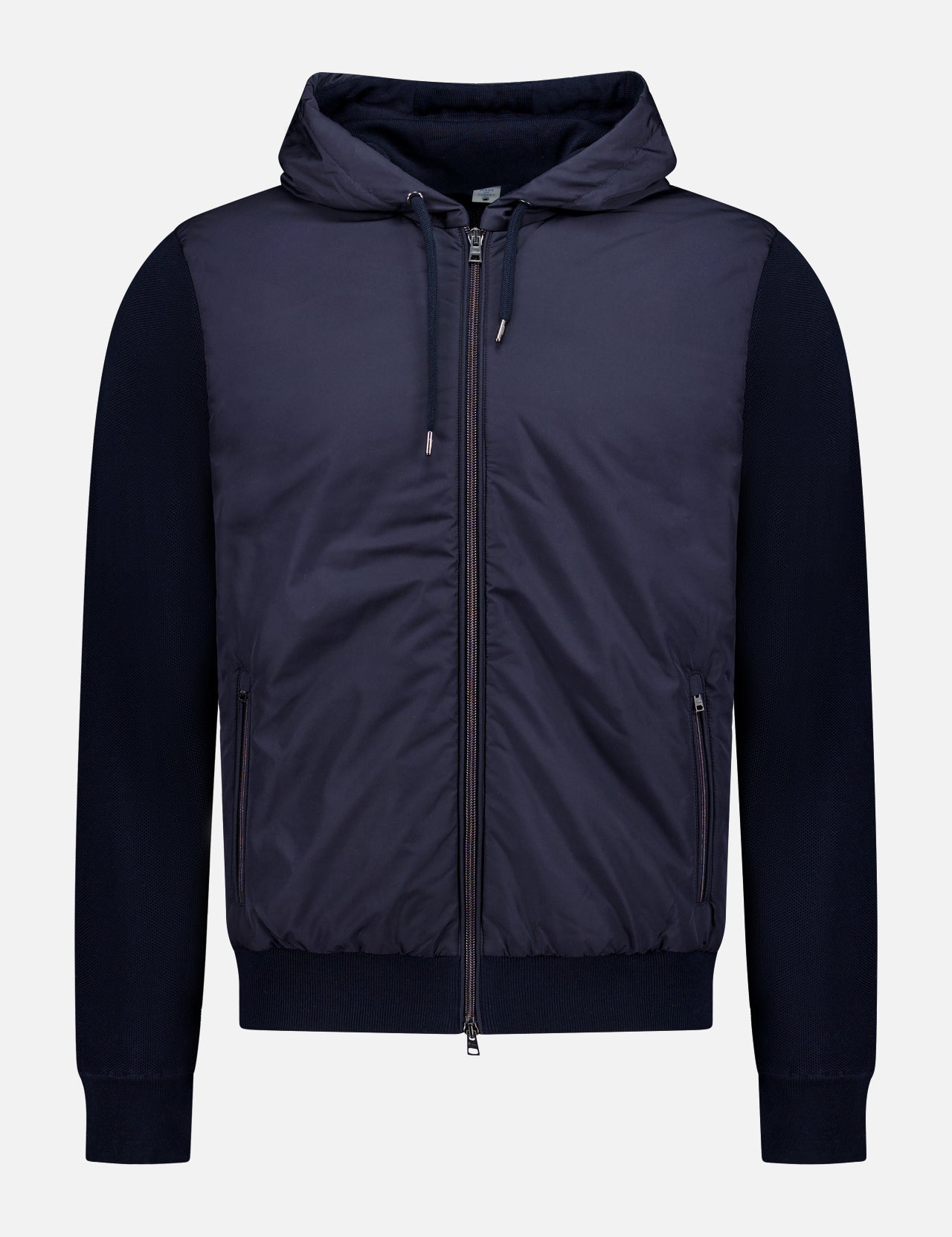 The HERNO Cotton Pique Nylon Front Zip Hooded Bomber Jacket features a navy design with a hood, drawstring, front zip, two side pockets, ribbed cuffs and hem, and contrasting textured fabrics on the body and sleeves for added style.