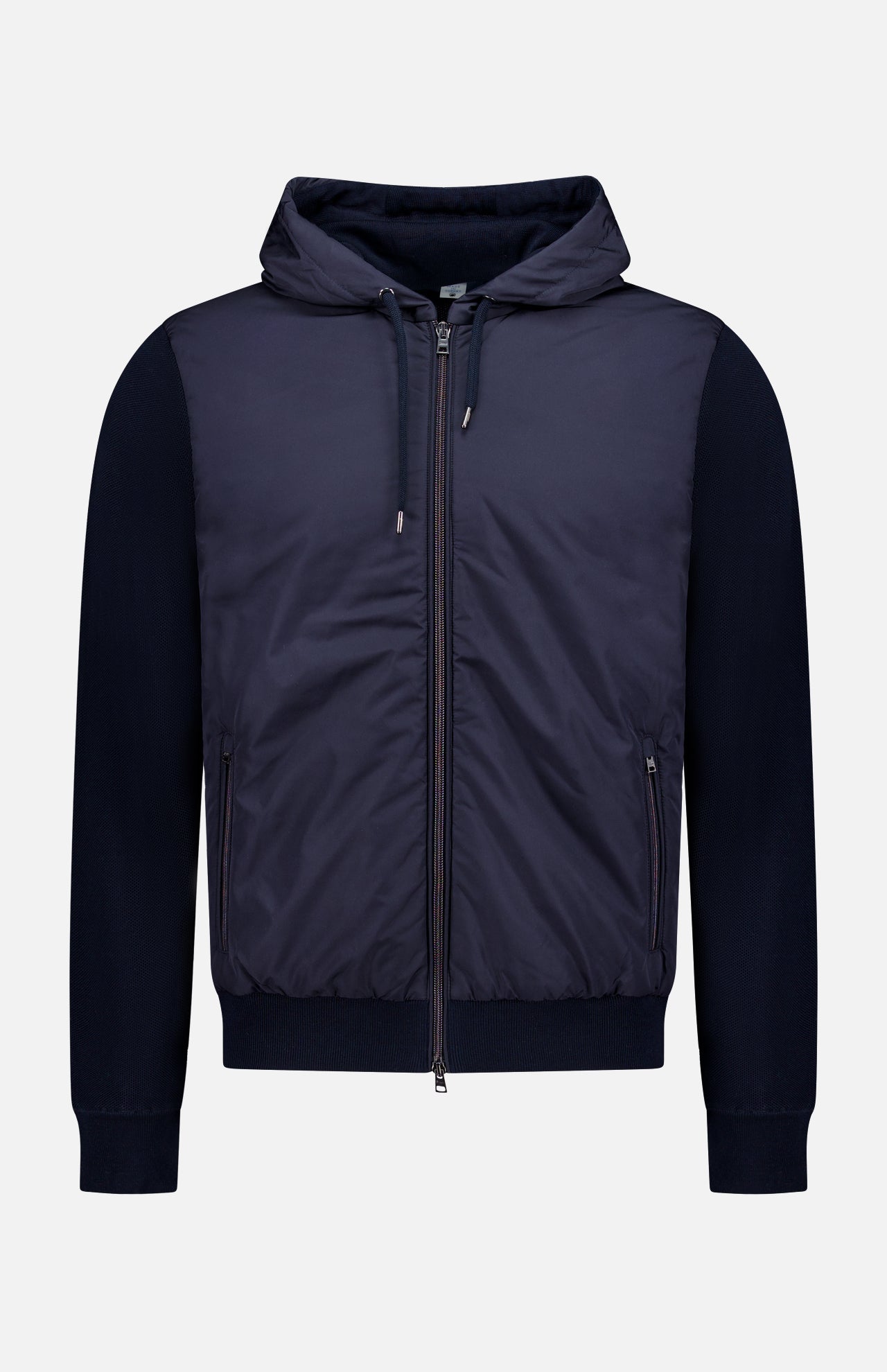 The HERNO Cotton Pique Nylon Front Zip Hooded Bomber Jacket features a navy design with a hood, drawstring, front zip, two side pockets, ribbed cuffs and hem, and contrasting textured fabrics on the body and sleeves for added style.