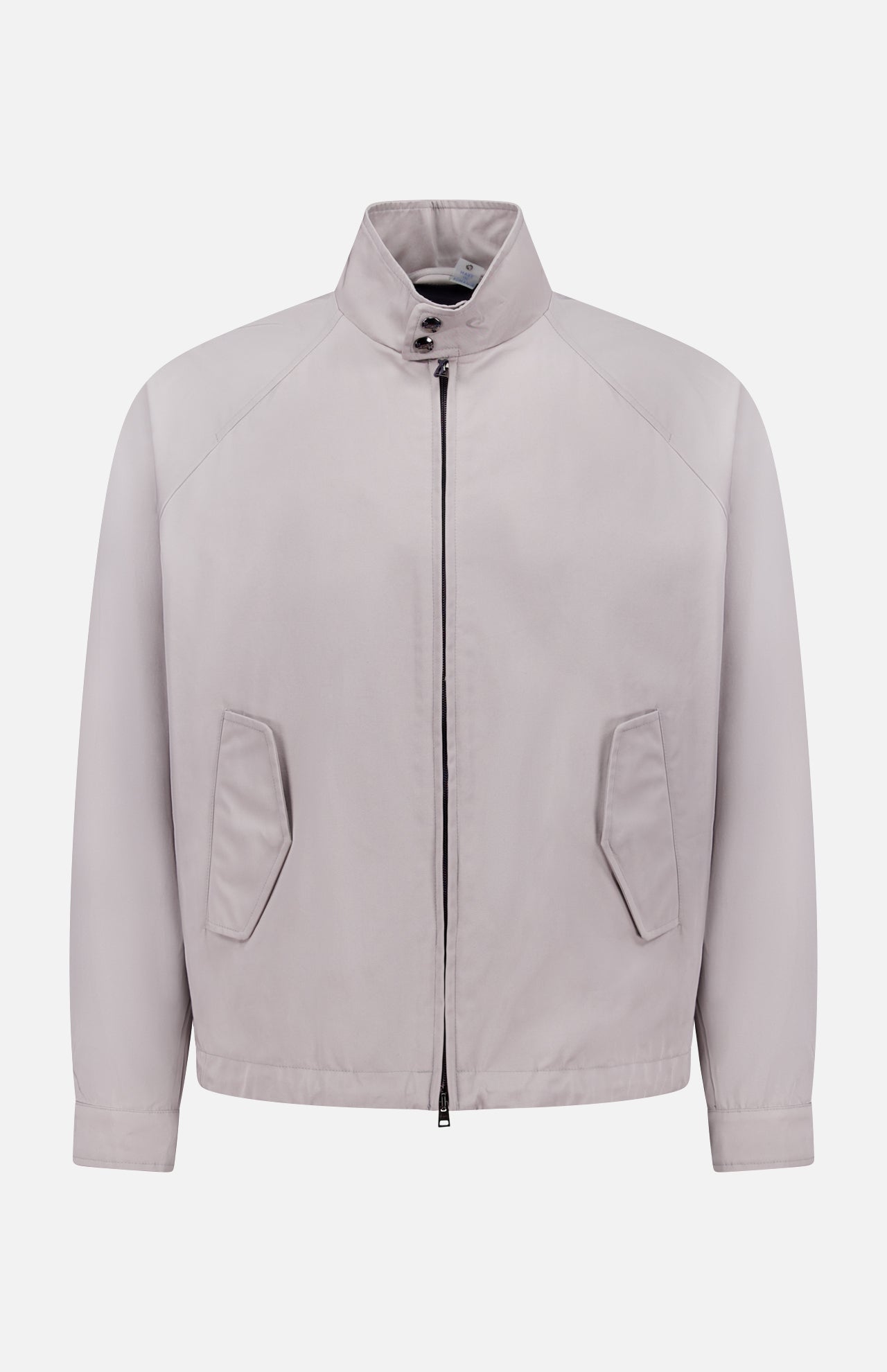 The HERNO Dean Cotton Bomber Zip Jacket is a men's light grey, minimalist spring outerwear featuring long sleeves, high collar, front zipper closure, and two angled pockets in a clean, unbranded bomber jacket style.
