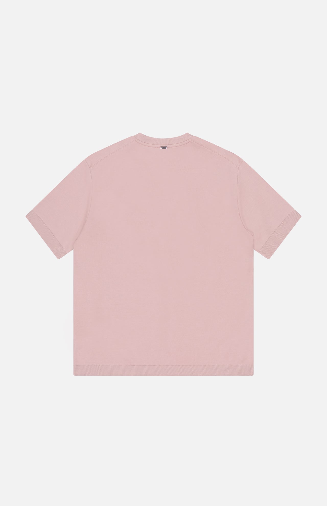 The HERNO Jersey Knit Short Sleeve Crewneck T-Shirt is shown from the back in light pink, laid flat on a white background. This tee offers everyday comfort with its soft jersey knit and short sleeves.