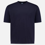 The HERNO Jersey Knit Short Sleeve Crewneck T-shirt, made from ultra-soft 100% cotton with a classic crew neckline and no visible logos, is shown in navy against a light gray background.