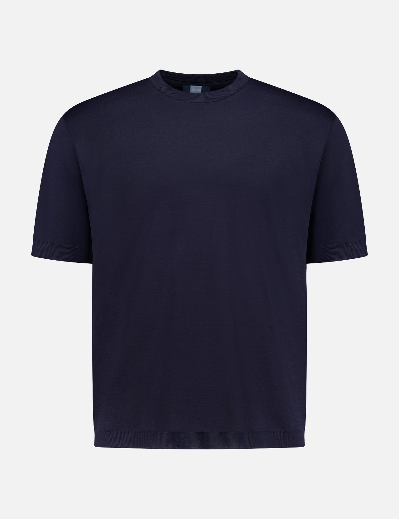 The HERNO Jersey Knit Short Sleeve Crewneck T-shirt, made from ultra-soft 100% cotton with a classic crew neckline and no visible logos, is shown in navy against a light gray background.