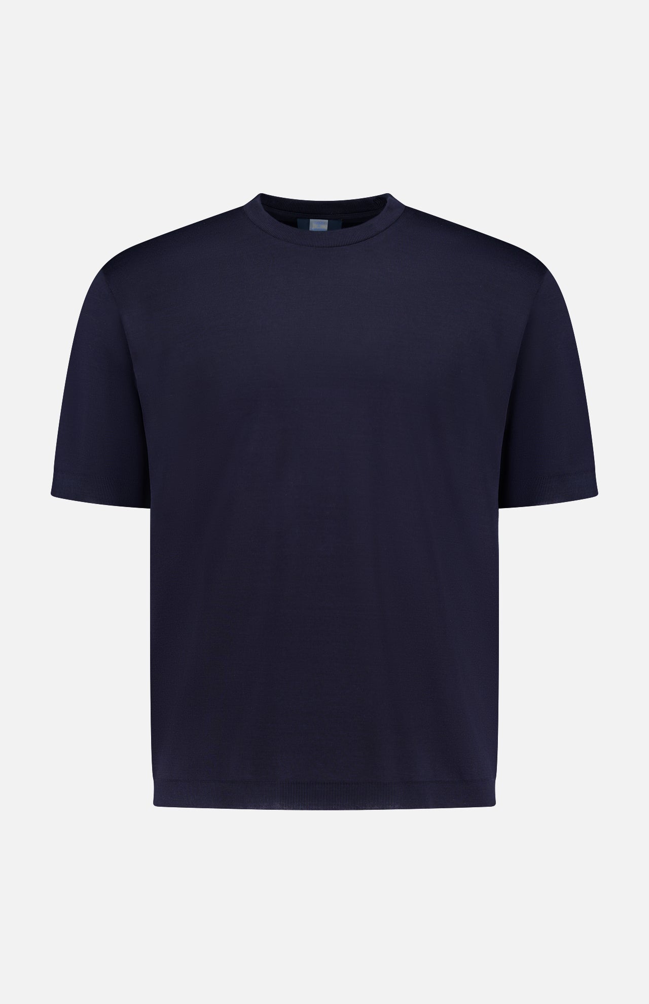 The HERNO Jersey Knit Short Sleeve Crewneck T-shirt, made from ultra-soft 100% cotton with a classic crew neckline and no visible logos, is shown in navy against a light gray background.