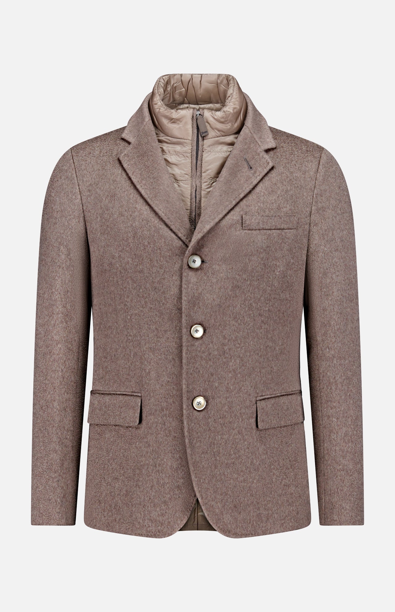 The HERNO Pure Cashmere Blazer Jacket features light brown cashmere, notched lapels, three buttons, flap and chest pockets, plus a removable padded bib with a zip-up collar for a layered look and extra warmth.