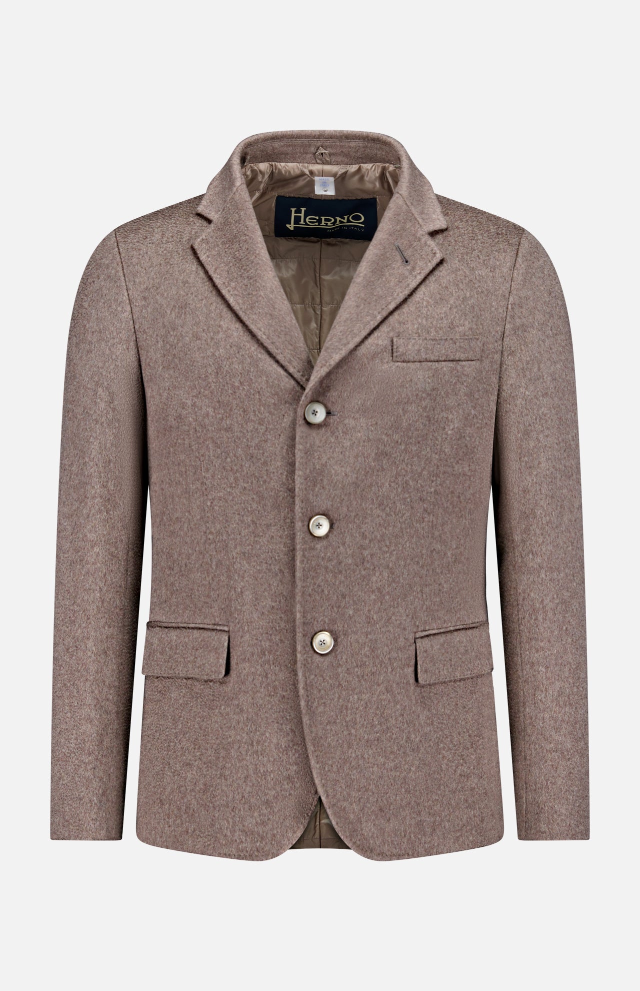The HERNO Pure Cashmere Blazer Jacket is a light brown, single-breasted piece with notched lapels, three buttons, chest pocket, two front flap pockets, and a removable padded bib shown against a plain white background.
