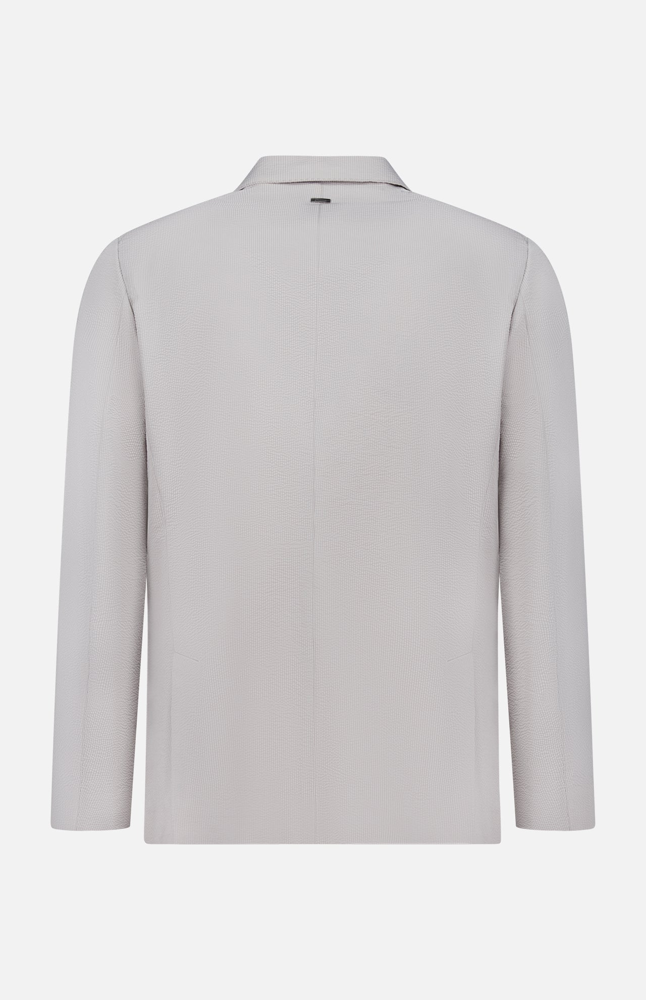 Back view of the HERNO Seersucker 2 Button Blazer for men in light grey, showcasing a textured finish, long sleeves, notched collar, and a subtle center seam.