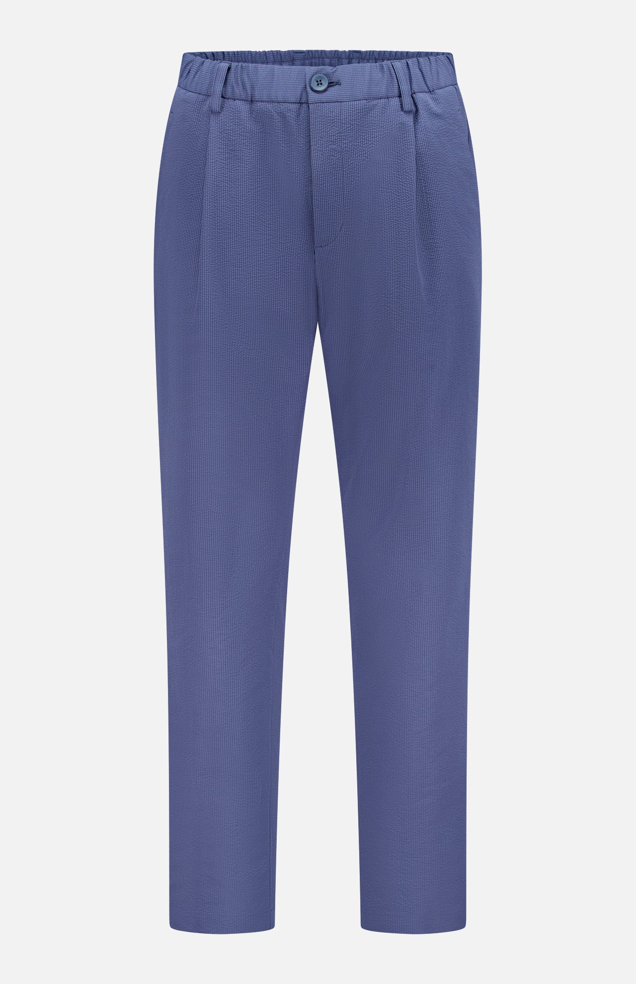 The HERNO Seersucker Trouser Pant features an elasticized waistband, front button, and two side pockets. Shown in blue against a white background, these are the perfect spring-summer pants for effortless style.