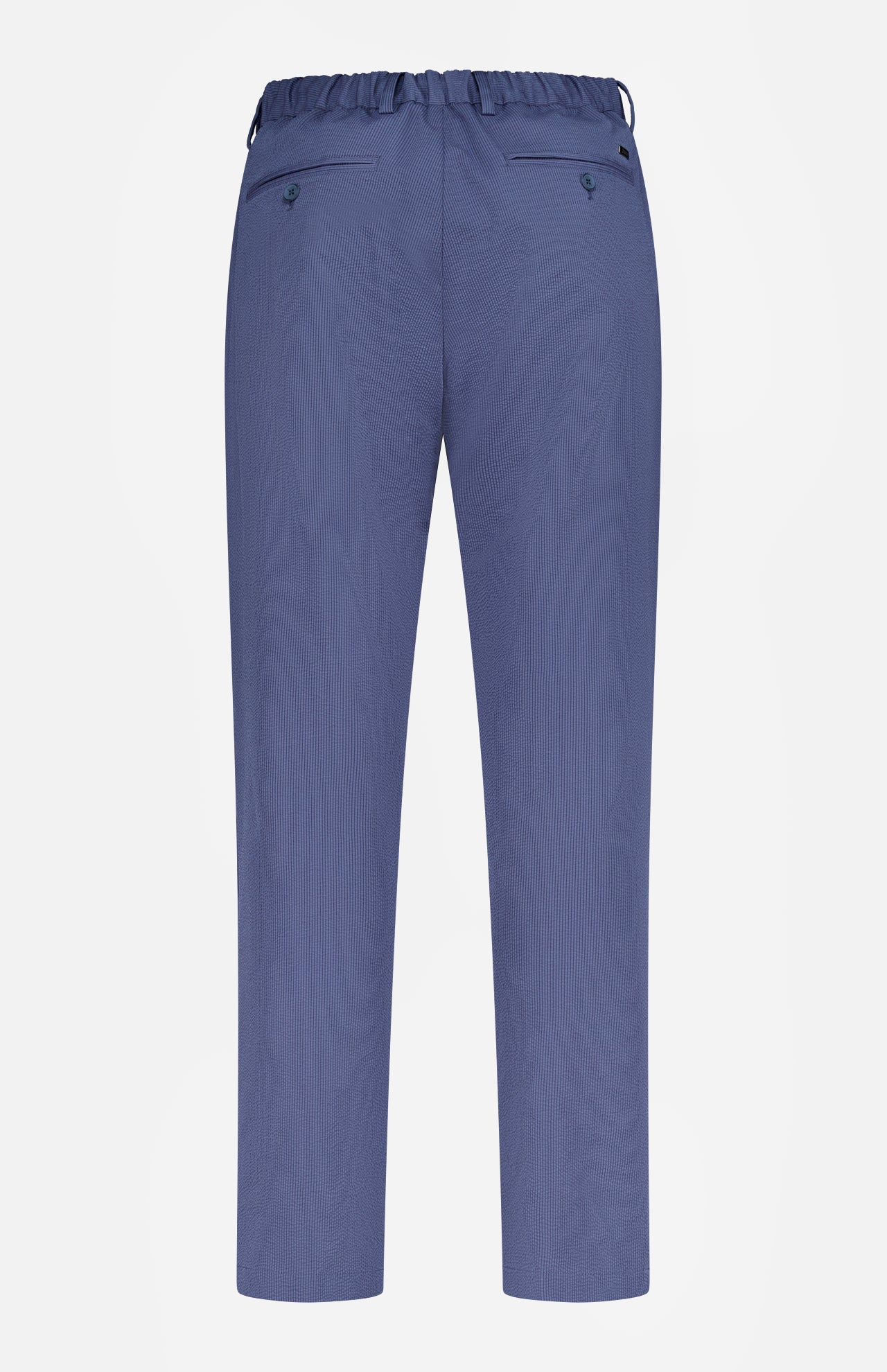 Back view of HERNO Seersucker Trouser Pant in blue, featuring an elasticized waistband and two back welt pockets with button closures—ideal for spring and summer wear.