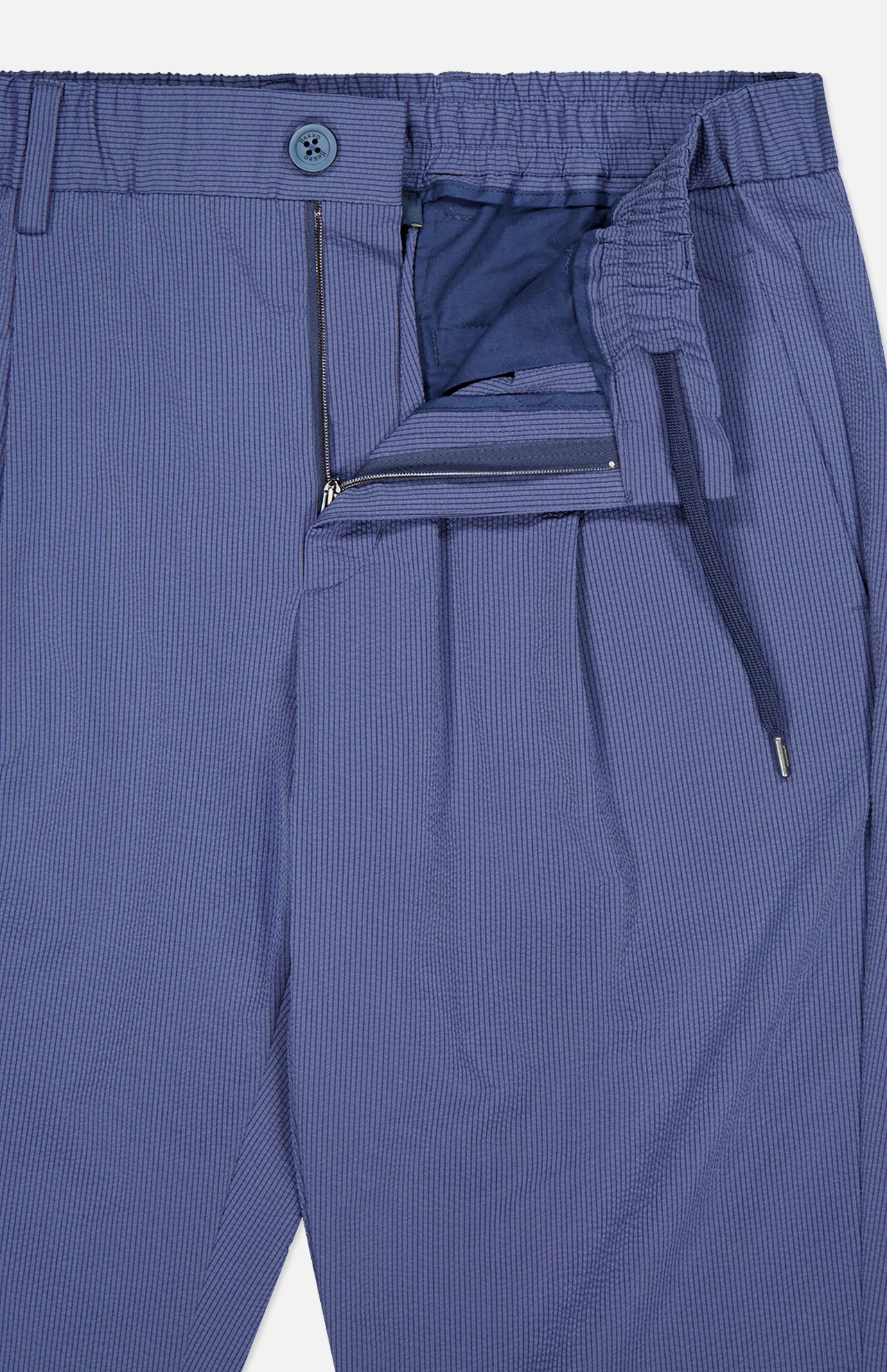 Close-up of HERNO Seersucker Trouser Pant in blue, featuring an elasticized waistband, drawstring, button closure, and zipper fly. Partially open to reveal inner lining and pocket—an ideal choice for spring and summer.