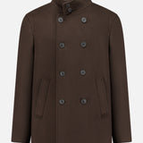The HERNO Wool Blend Double Breasted Peacoat features a dark brown hue, ten black buttons, and two slanted front pockets. Shown against a plain white backdrop, this stylish peacoat is a must-have for any men’s outerwear wardrobe.