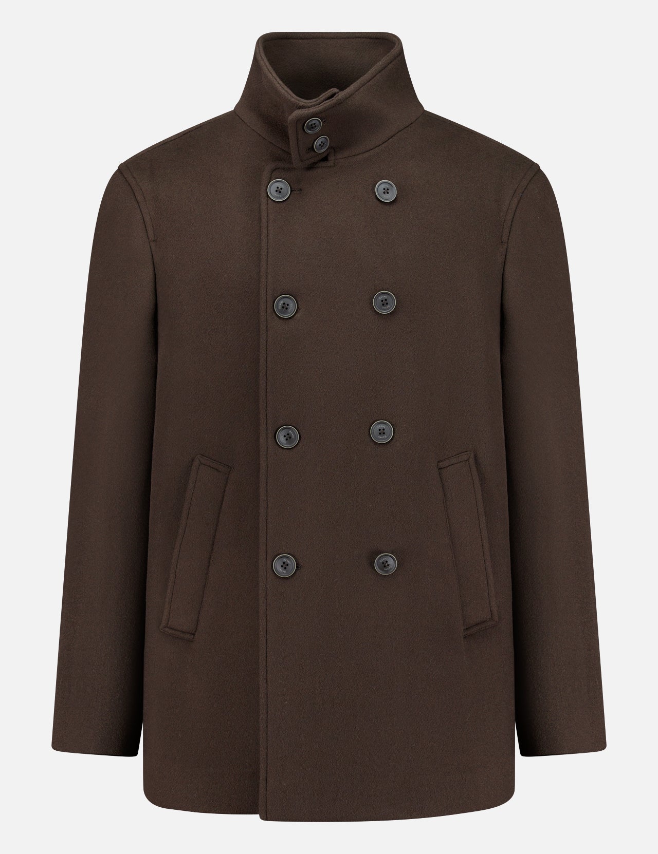 The HERNO Wool Blend Double Breasted Peacoat features a dark brown hue, ten black buttons, and two slanted front pockets. Shown against a plain white backdrop, this stylish peacoat is a must-have for any men’s outerwear wardrobe.