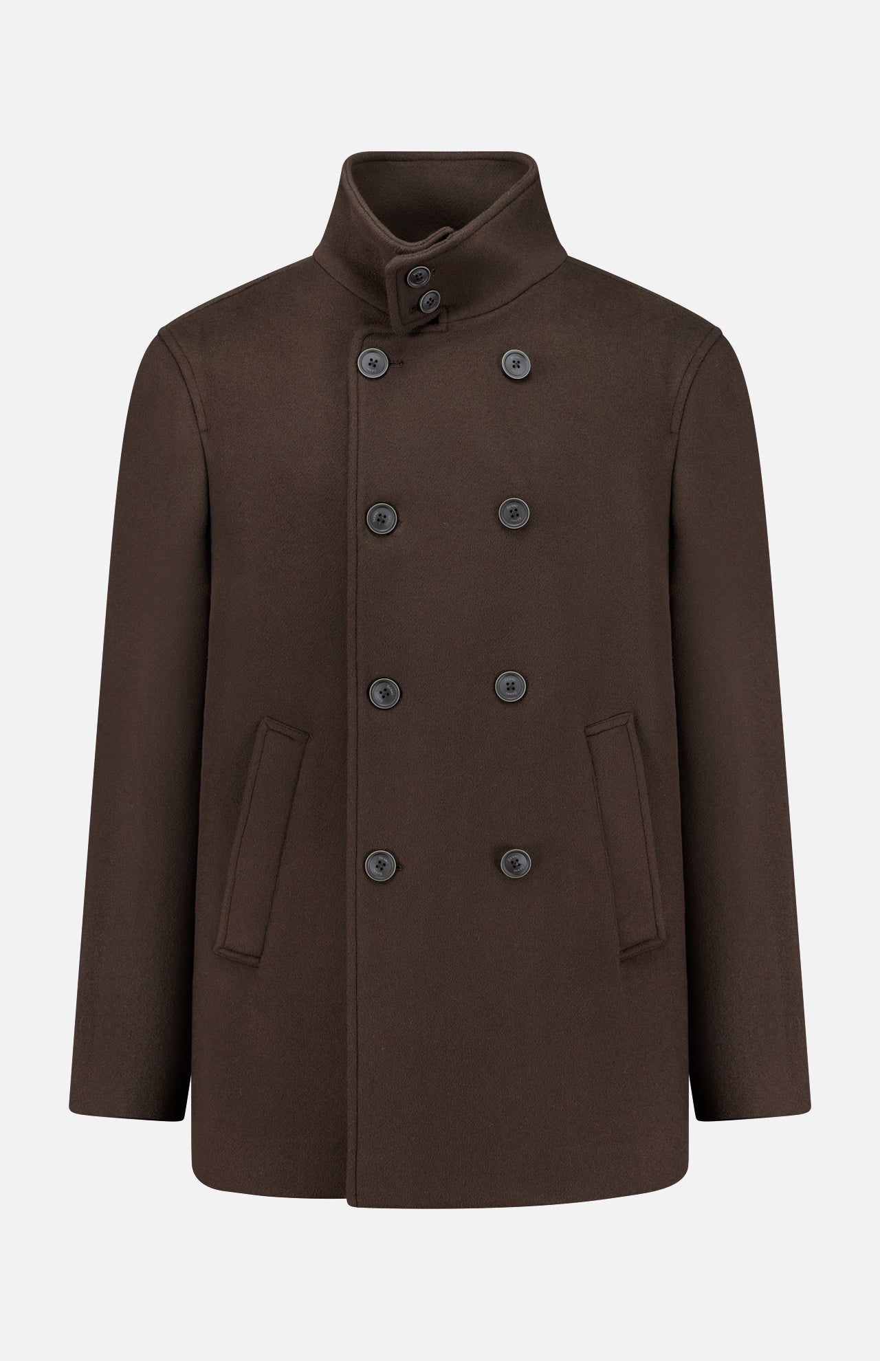 The HERNO Wool Blend Double Breasted Peacoat features a dark brown hue, ten black buttons, and two slanted front pockets. Shown against a plain white backdrop, this stylish peacoat is a must-have for any men’s outerwear wardrobe.