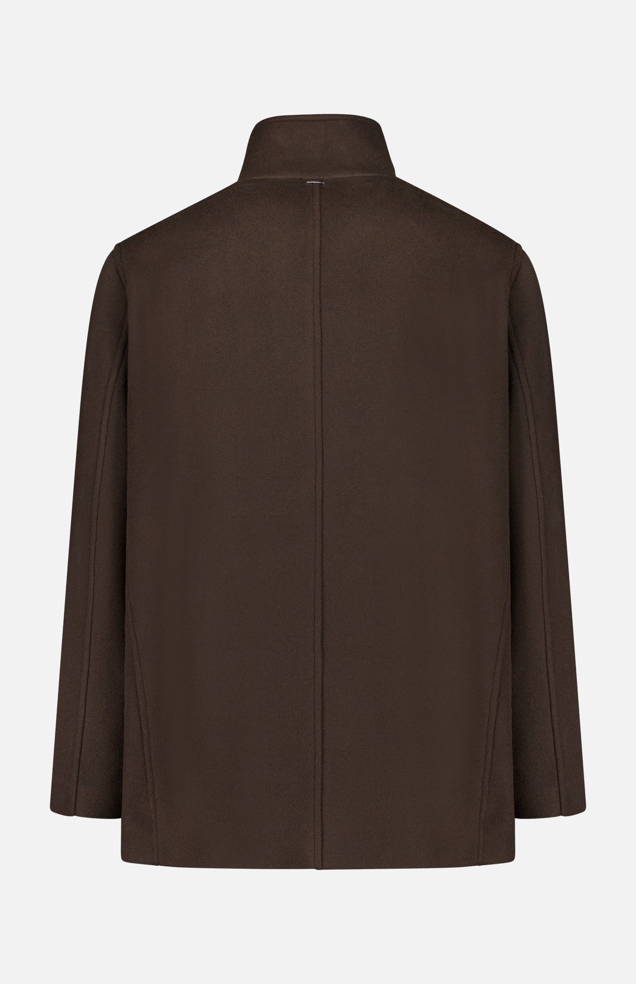 Back view of the HERNO Wool Blend Double Breasted Peacoat in brown, featuring long sleeves, a stand-up collar, and clean seam detailing without visible buttons or embellishments, shown against a plain white background—a sophisticated selection in men’s outerwear.