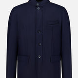 HERNO Wool Silk Blend Jacket for men in navy blue, designed with a high collar, four front buttons, two front flap pockets, and a chest pocket, shown against a plain white background.