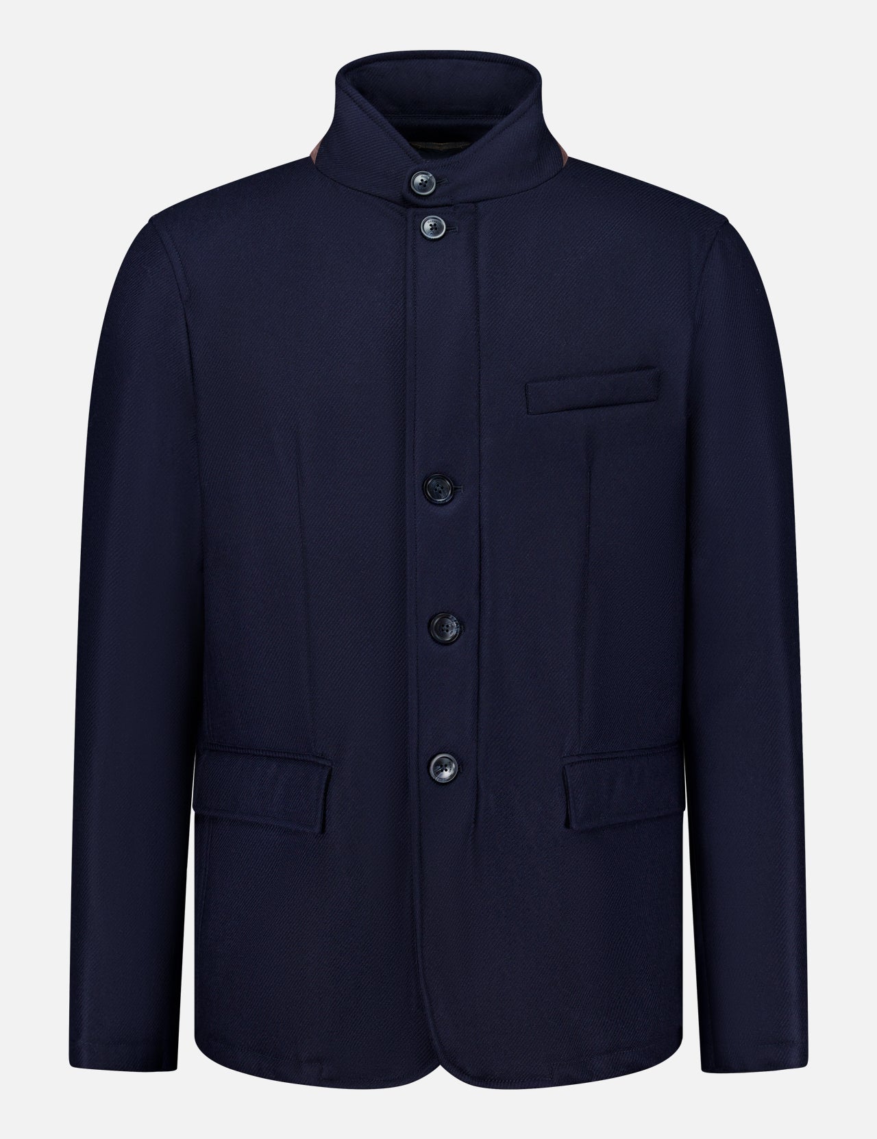 HERNO Wool Silk Blend Jacket for men in navy blue, designed with a high collar, four front buttons, two front flap pockets, and a chest pocket, shown against a plain white background.