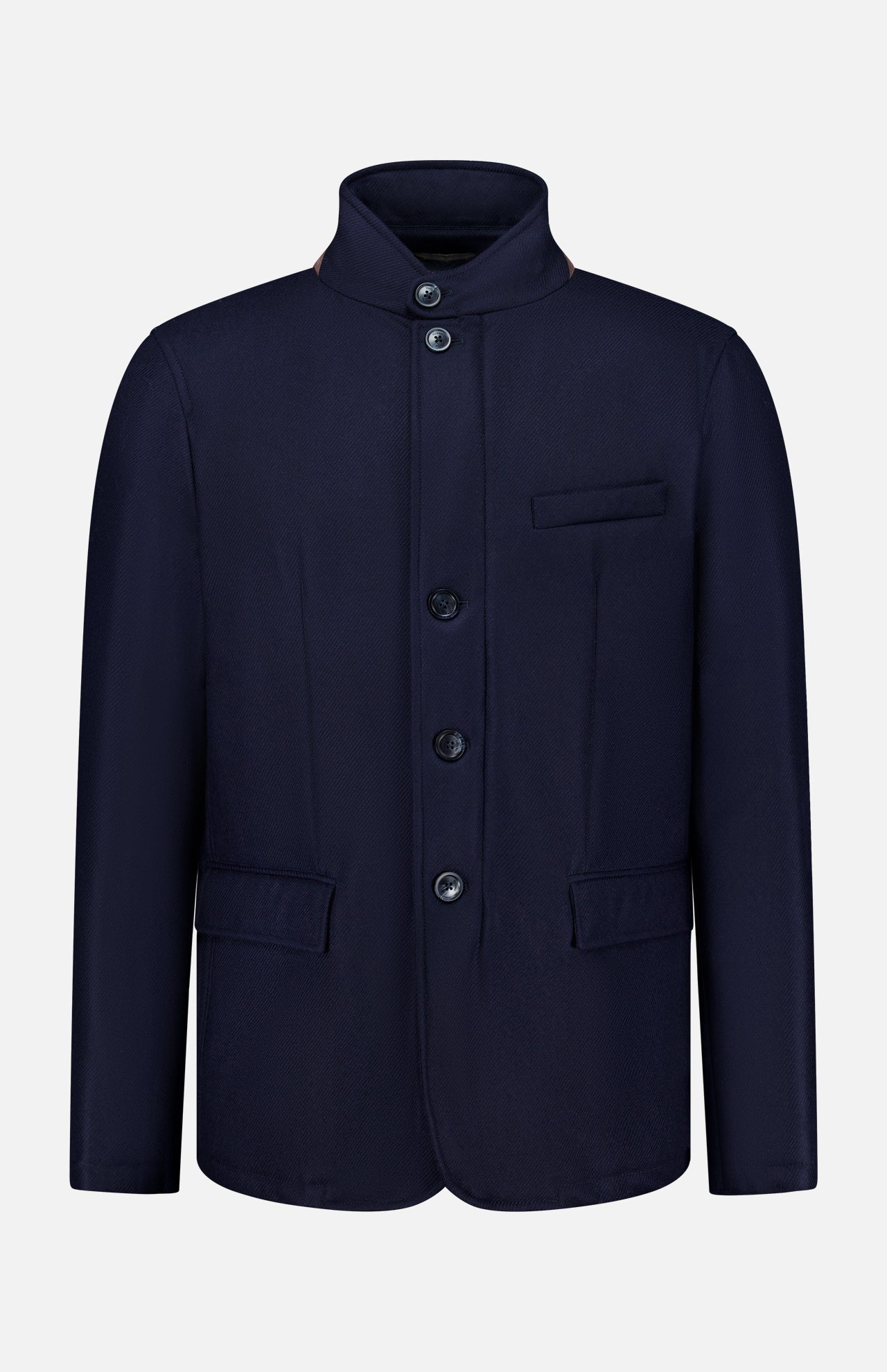 HERNO Wool Silk Blend Jacket for men in navy blue, designed with a high collar, four front buttons, two front flap pockets, and a chest pocket, shown against a plain white background.