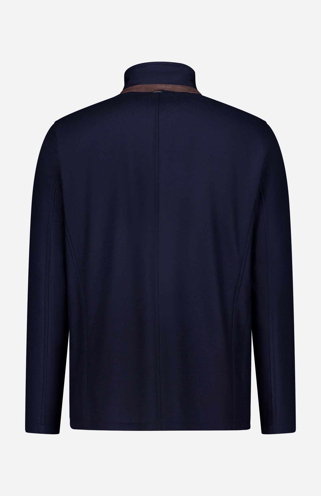 The Wool Silk Blend Jacket by HERNO is displayed from the back, showcasing long sleeves, a straight hem, and a standing collar. Crafted from smooth fabric with a simple, unembellished design, it presents a refined approach to men’s designer outerwear.