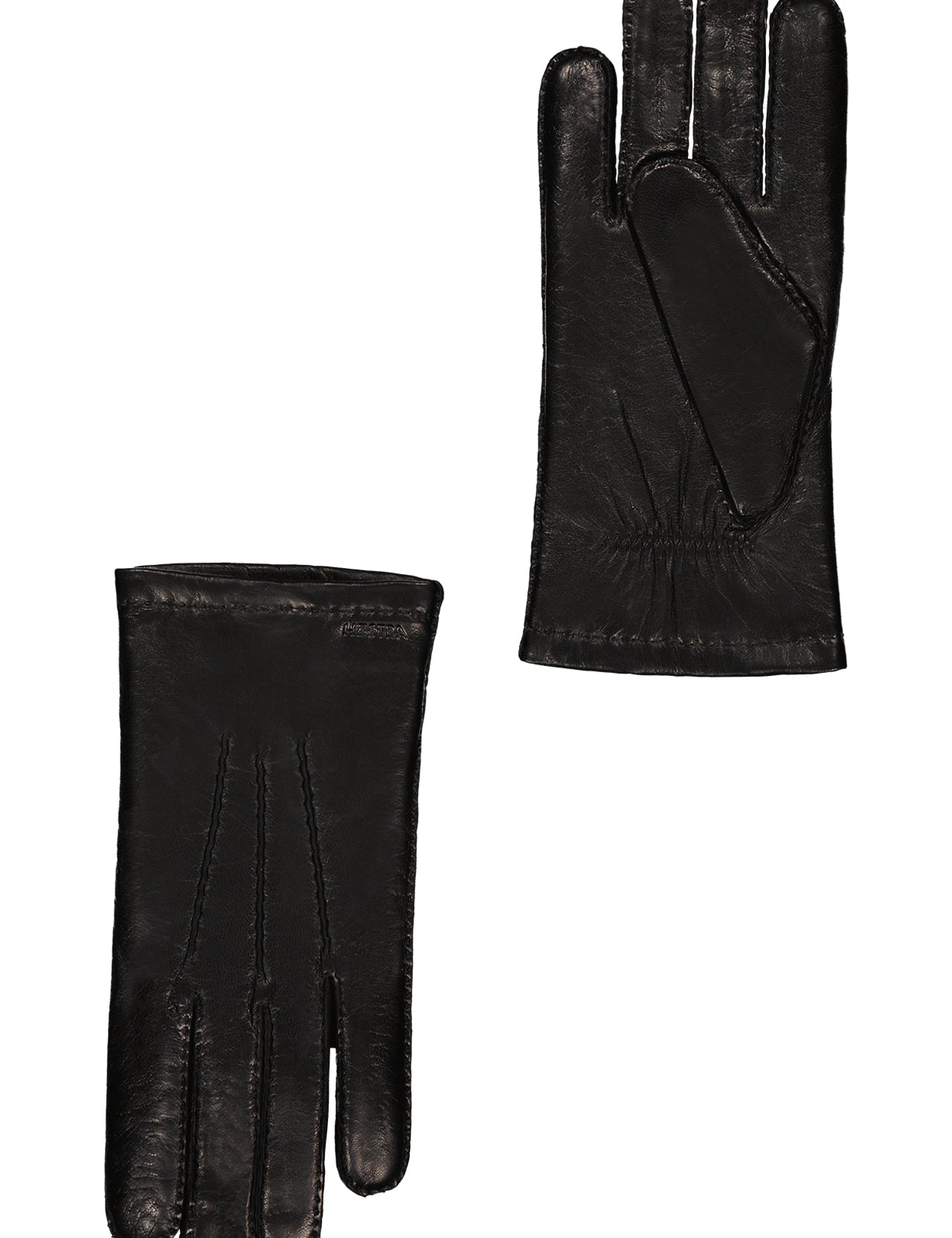 The HESTRA Edward Gloves, crafted from black leather and handsewn for durability, are displayed on a plain white background—one showing the palm and the other the back.