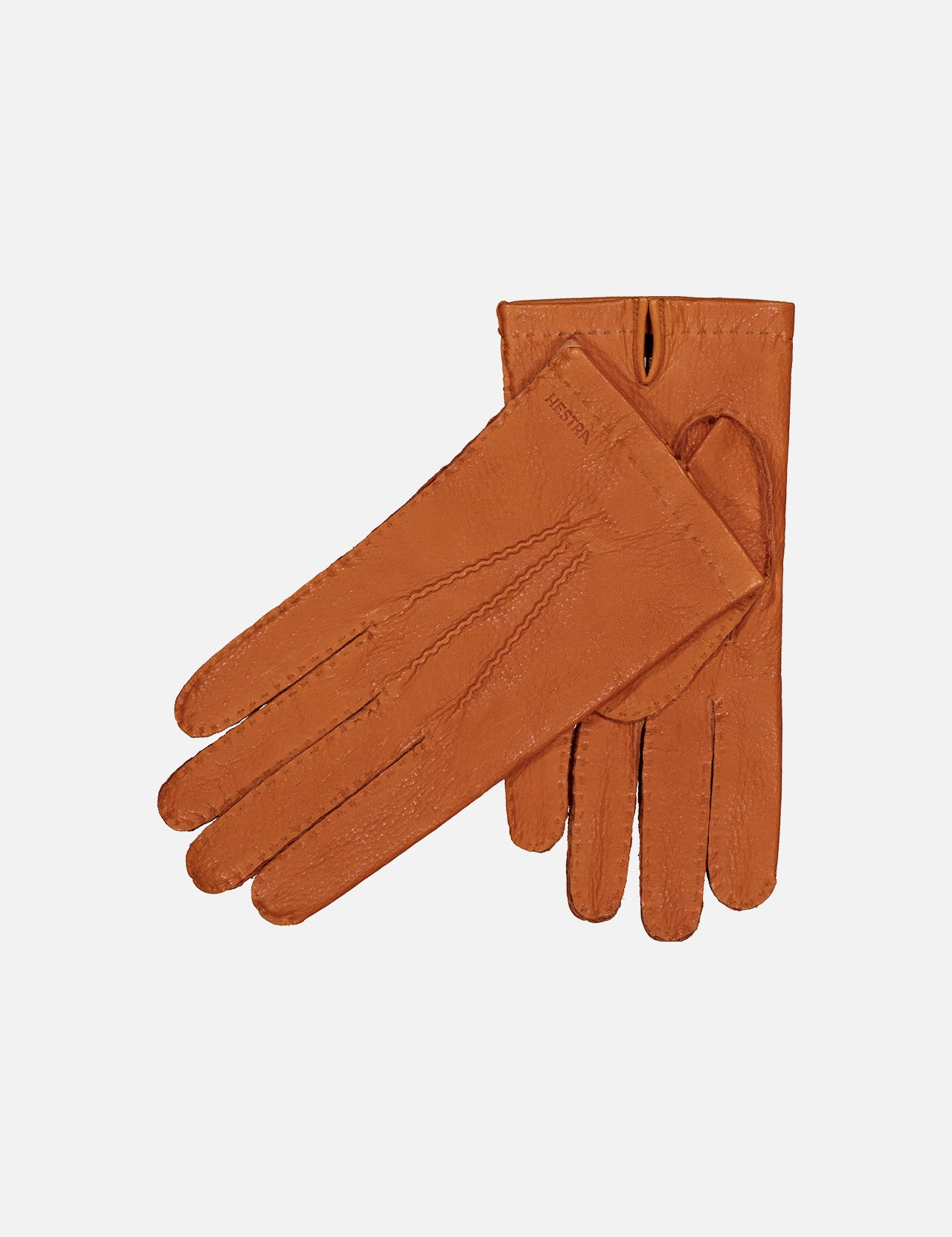 The HESTRA Henry Glove, a pair of luxury brown leather gloves, elegantly displayed one atop the other on a plain white background.