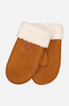 A pair of HESTRA Sheepskin Mittens in brown suede with white fleece cuffs is shown overlapping on a plain white background.