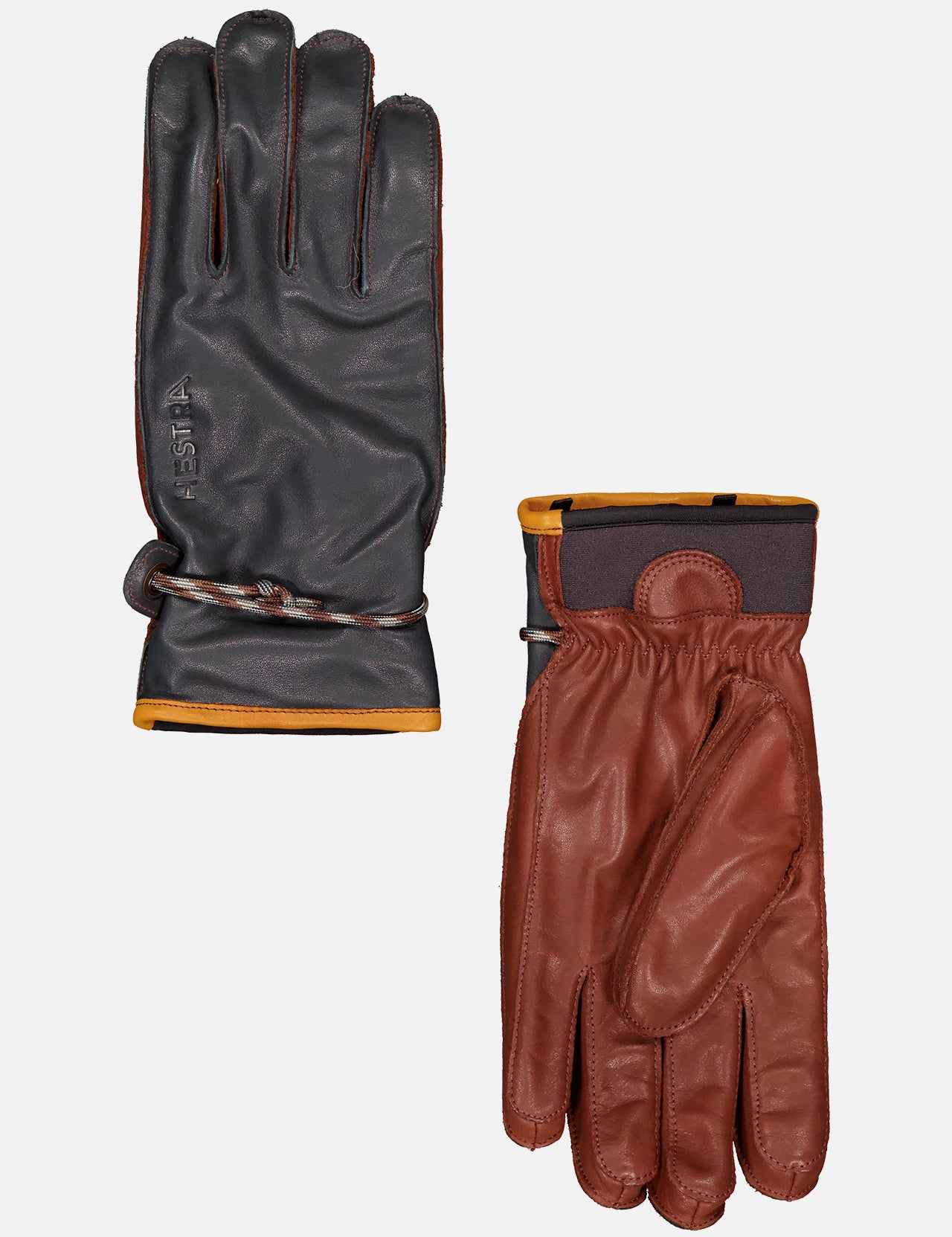 HESTRA Wakayama Glove: A pair in black and brown with yellow trim and visible stitching, shown palm-up and palm-down on a white background, includes a removable wool liner for comfort.