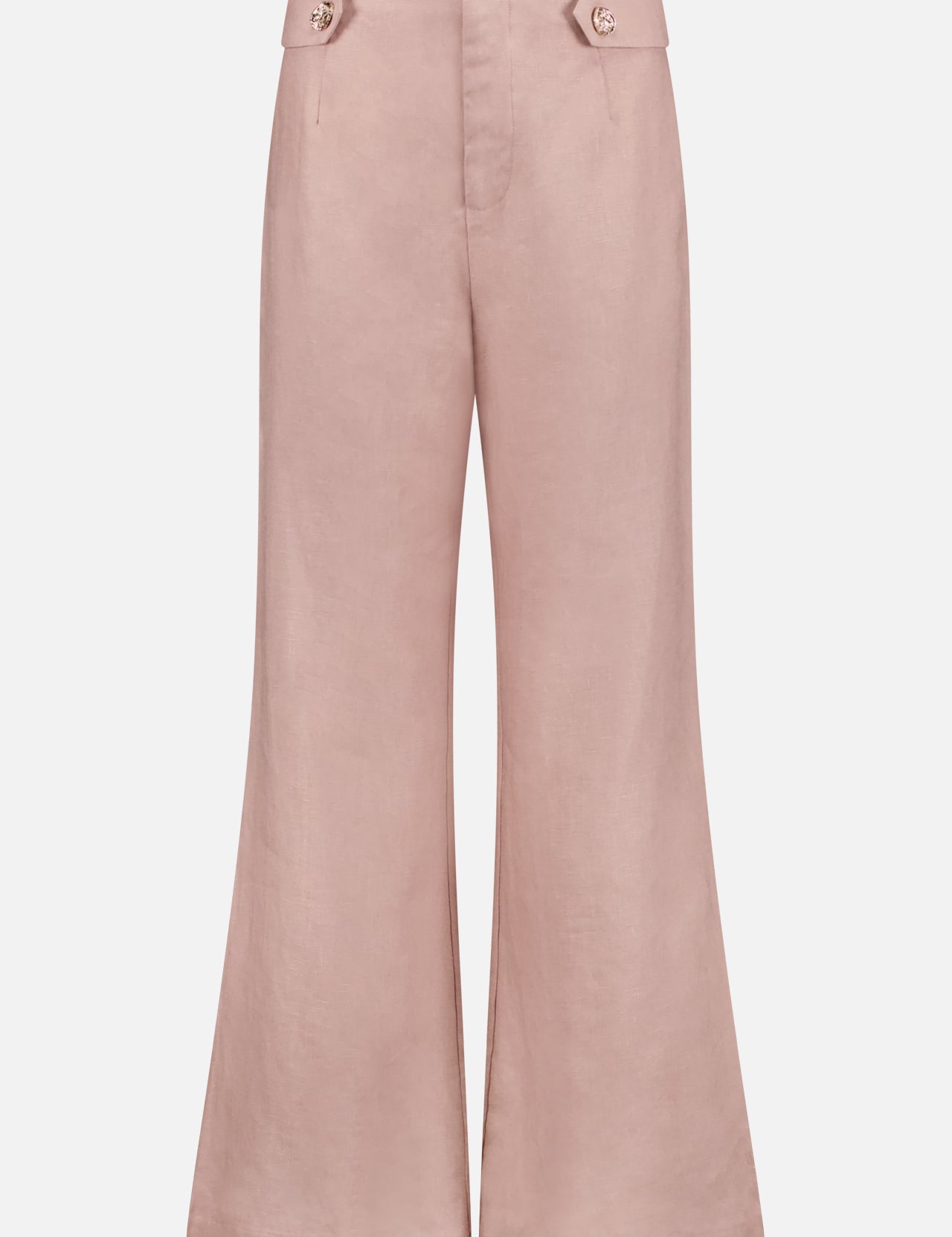 The HEVRON Carlin Wide Leg Linen Pant features a high-rise, wide-leg fit in light pink with two decorative buttoned tabs at the waistband and a slight flare at the hem, shown against a white background.