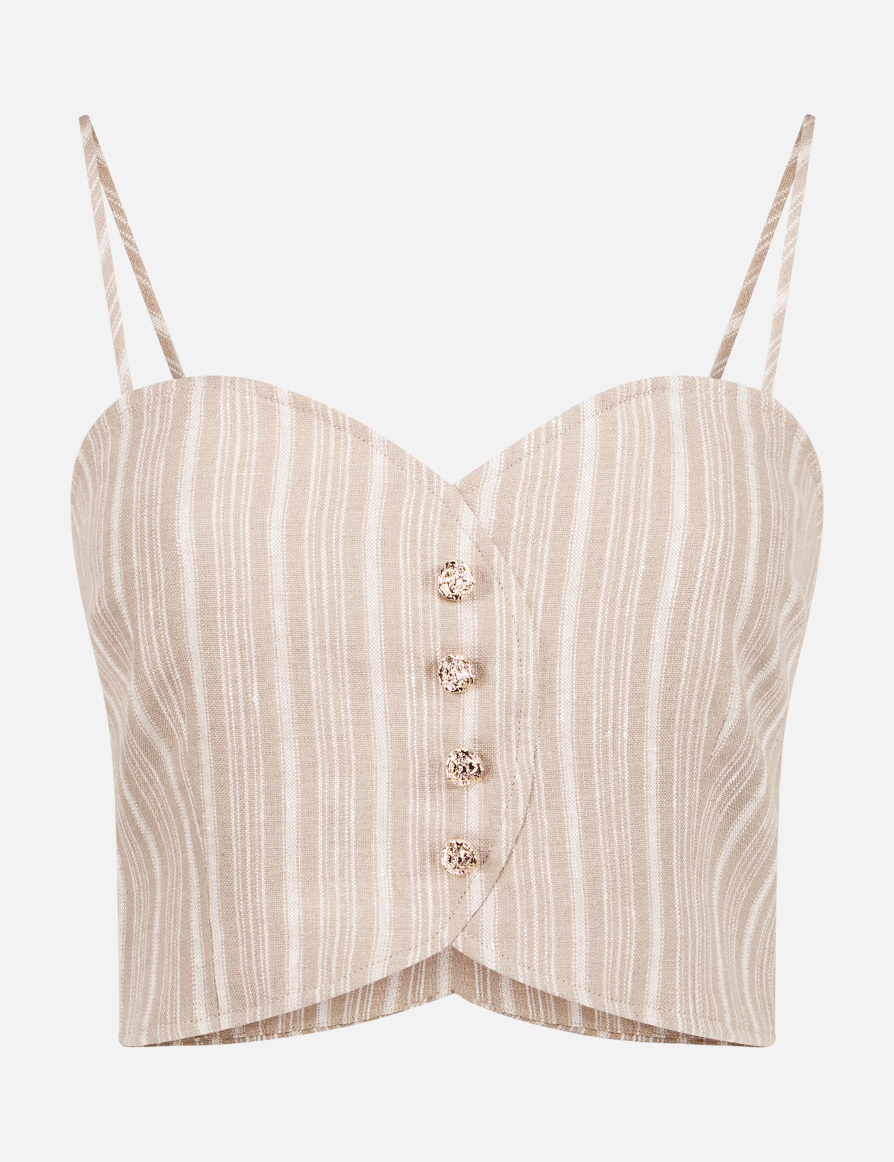 The Grace Stripe Crop Top by HEVRON features beige and white stripes, thin spaghetti straps, a sweetheart neckline, and an asymmetrical front with decorative buttons.
