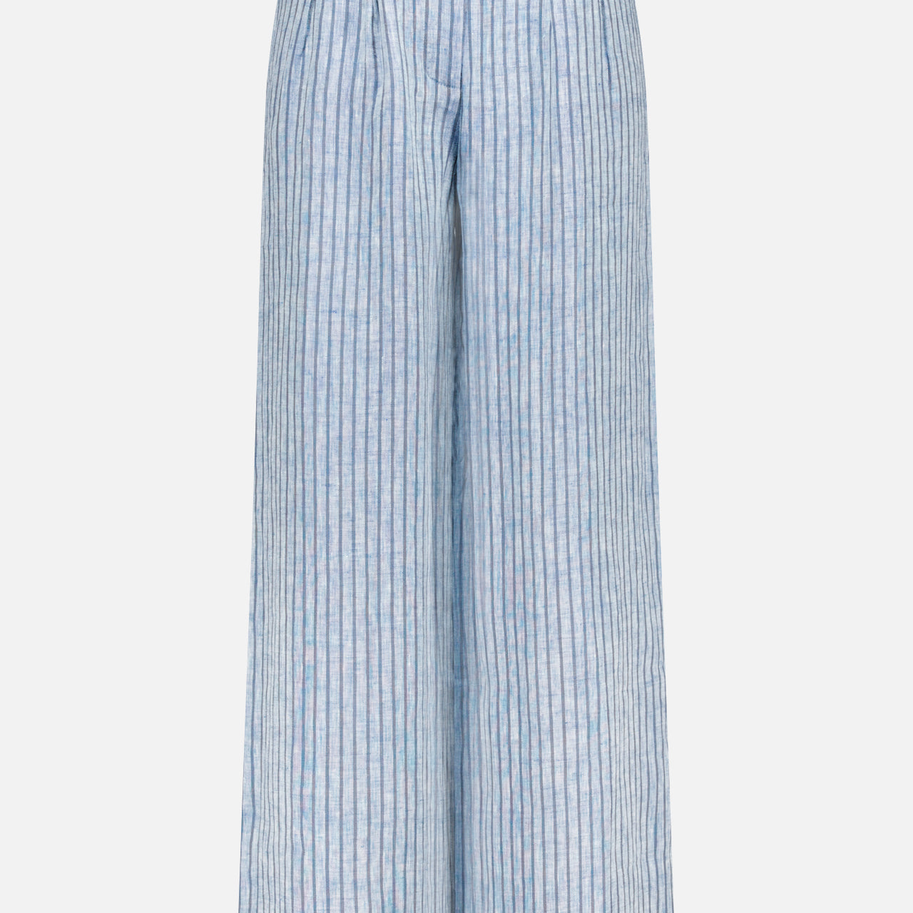 The HEVRON Alina Wide Leg Linen Pant in light blue features a high-rise waist, wide legs, vertical white stripes, pleats at the waist, belt loops, and a front closure. Shown on a plain white background.