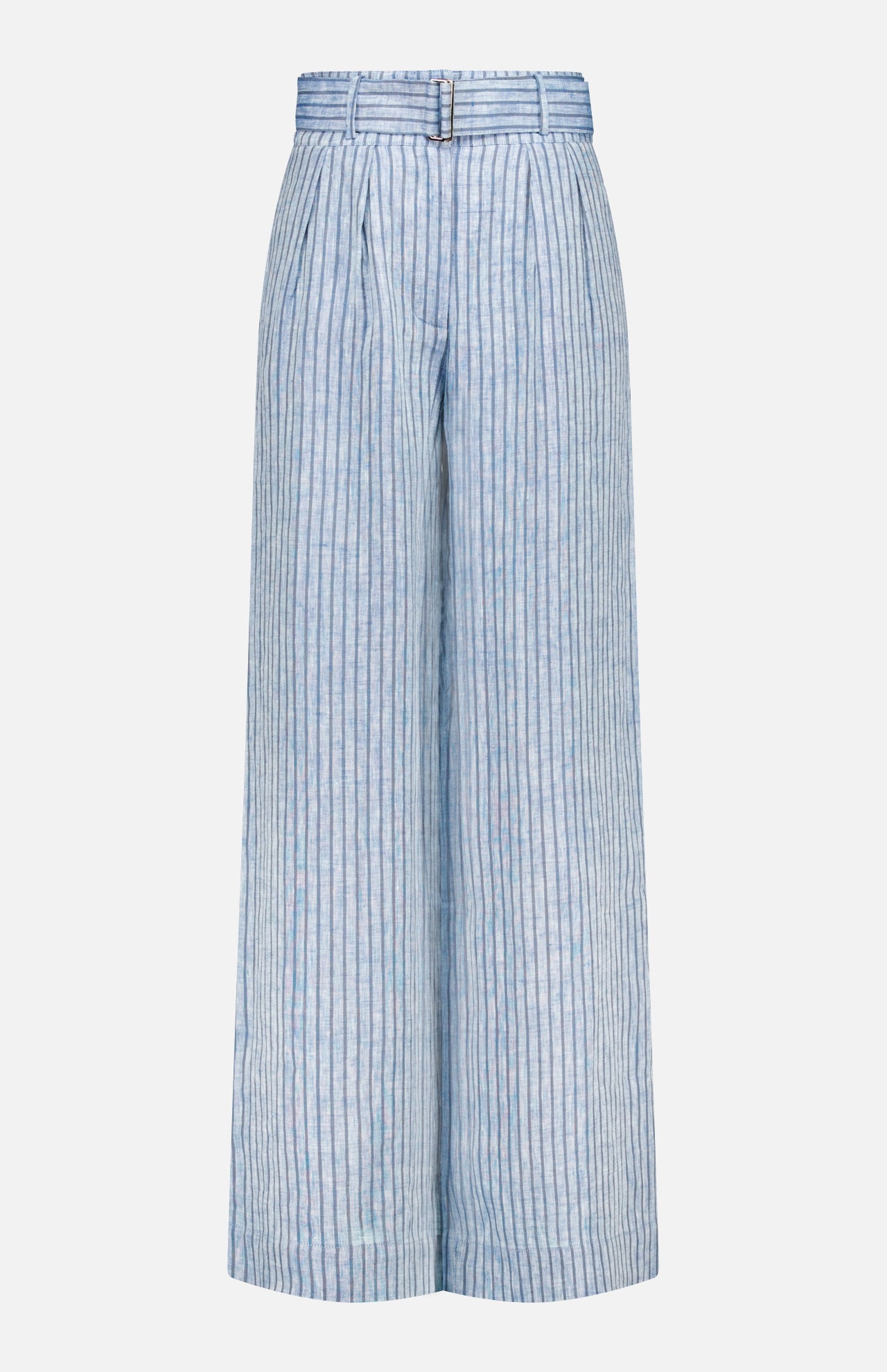The HEVRON Alina Wide Leg Linen Pant in light blue features a high-rise waist, wide legs, vertical white stripes, pleats at the waist, belt loops, and a front closure. Shown on a plain white background.