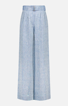 The HEVRON Alina Wide Leg Linen Pant in light blue features a high-rise waist, wide legs, vertical white stripes, pleats at the waist, belt loops, and a front closure. Shown on a plain white background.