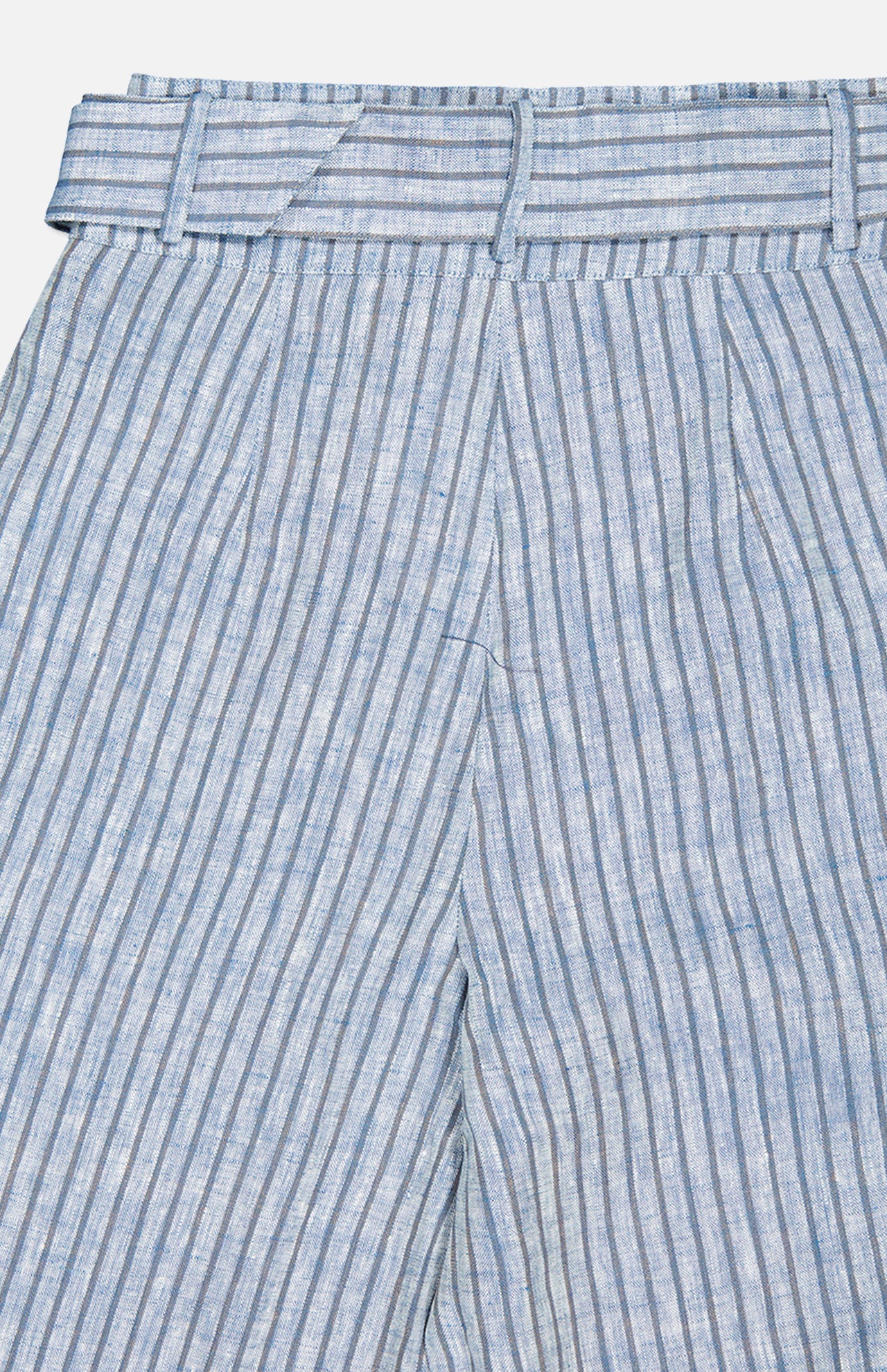 Close-up of the HEVRON Alina Wide Leg Linen Pant, featuring blue and white vertical stripes, belt loops, pleats, and a high-rise waistband.