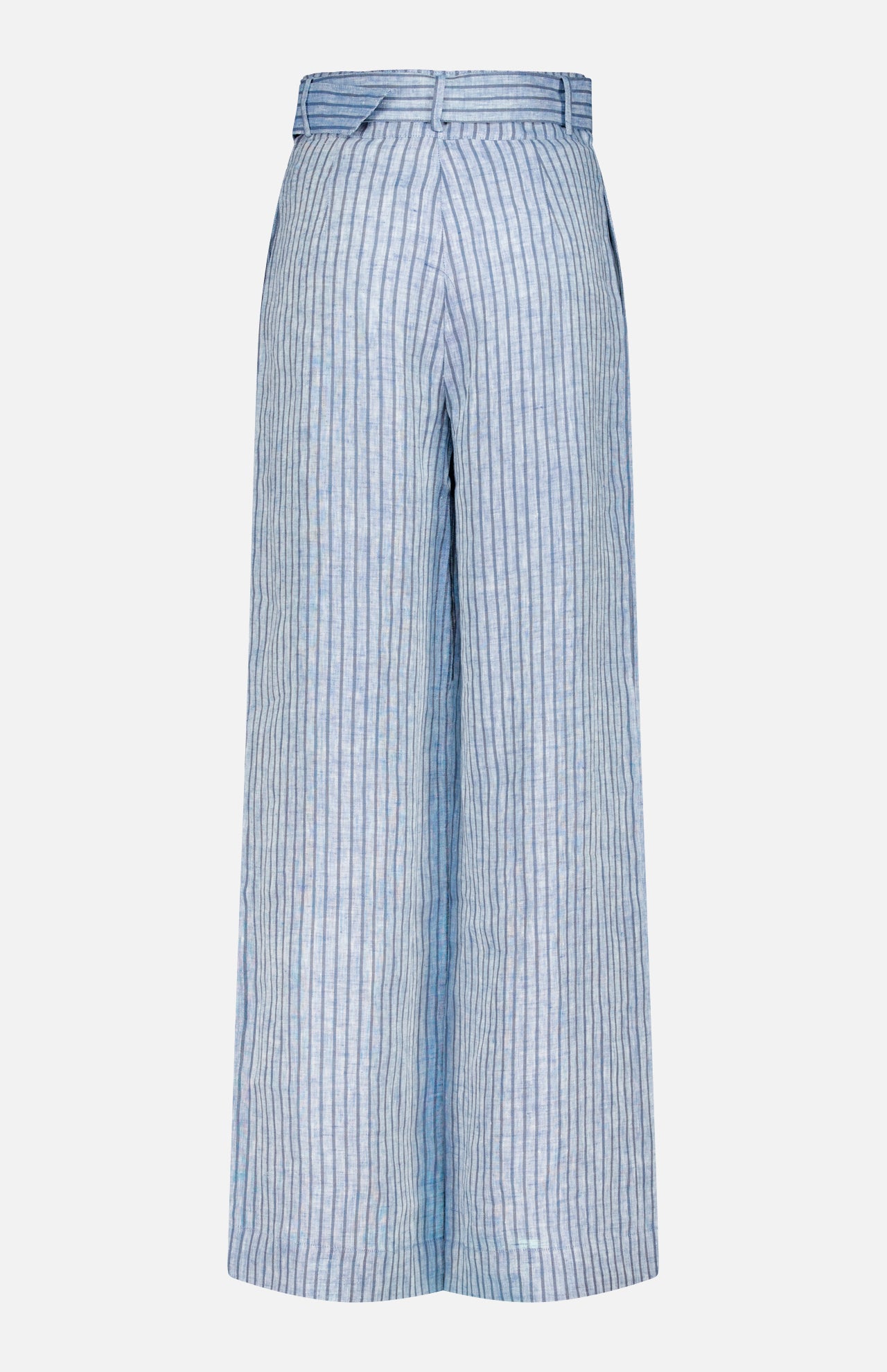 The HEVRON Alina Wide Leg Linen Pant features a high-rise waist, vertical blue and white stripes, a waistband, and belt loops, displayed against a plain white background.