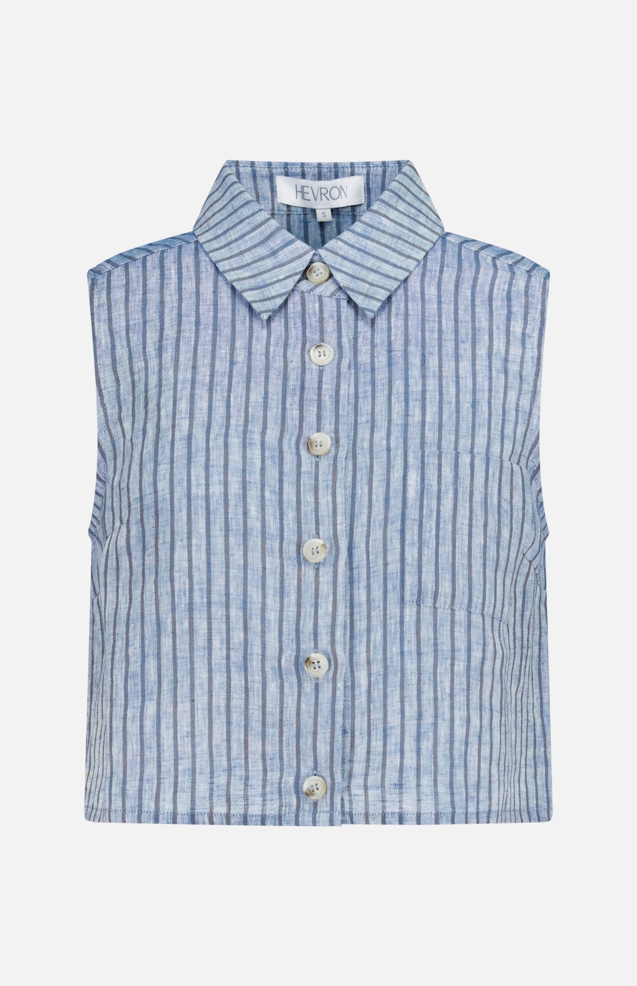 The Katja Cropped Linen Top by HEVRON is a sleeveless blue and white vertically striped top with a collar, six front buttons, and a visible HEVRON brand tag inside the neckline.
