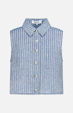 The Katja Cropped Linen Top by HEVRON is a sleeveless blue and white vertically striped top with a collar, six front buttons, and a visible HEVRON brand tag inside the neckline.