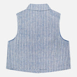 The Katja Cropped Linen Top by HEVRON is a light blue, sleeveless top with vertical dark blue stripes, shown from the back on a white background. This collared linen piece is lightweight and ideal for warm weather layering.