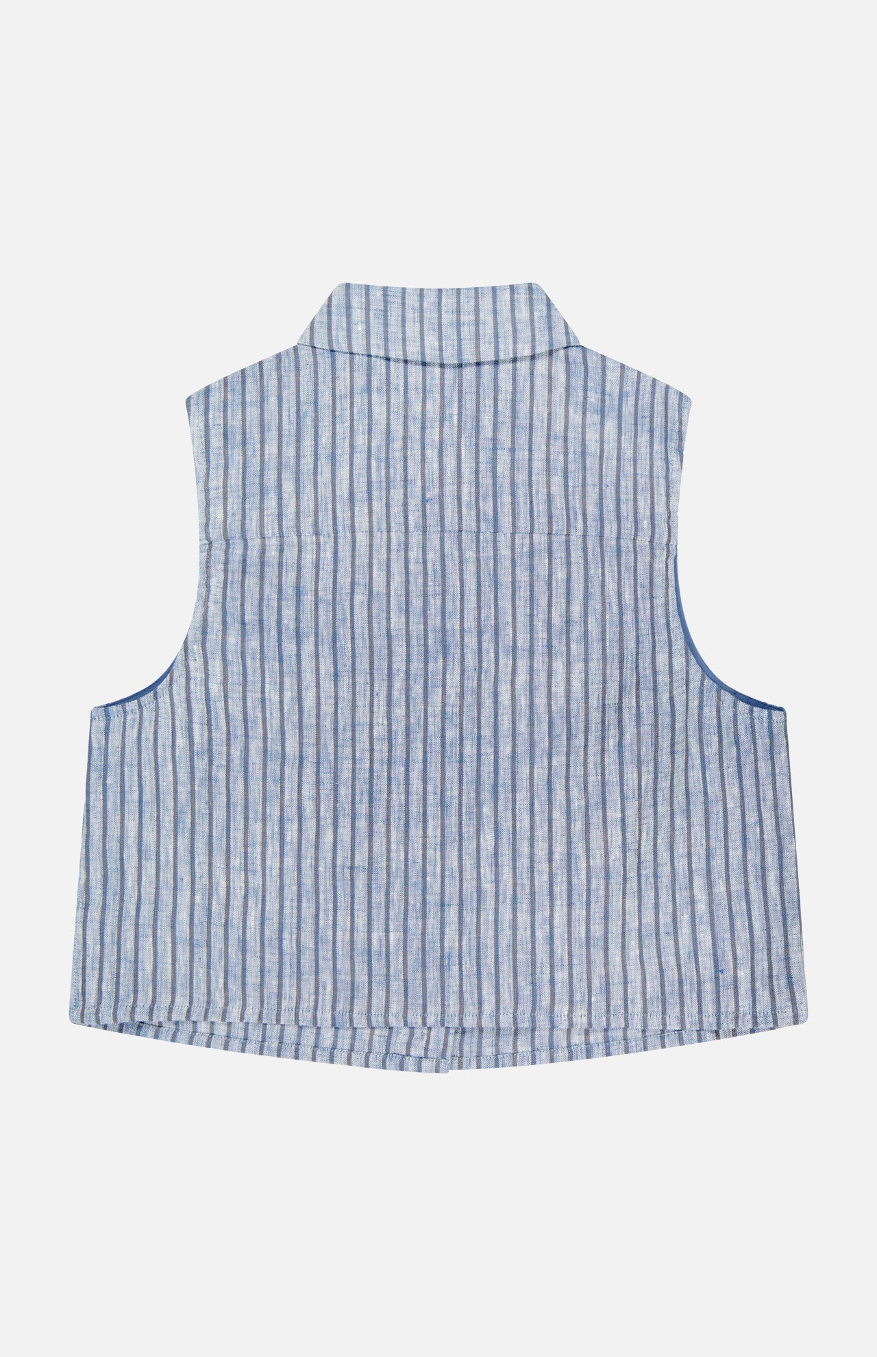 The Katja Cropped Linen Top by HEVRON is a light blue, sleeveless top with vertical dark blue stripes, shown from the back on a white background. This collared linen piece is lightweight and ideal for warm weather layering.