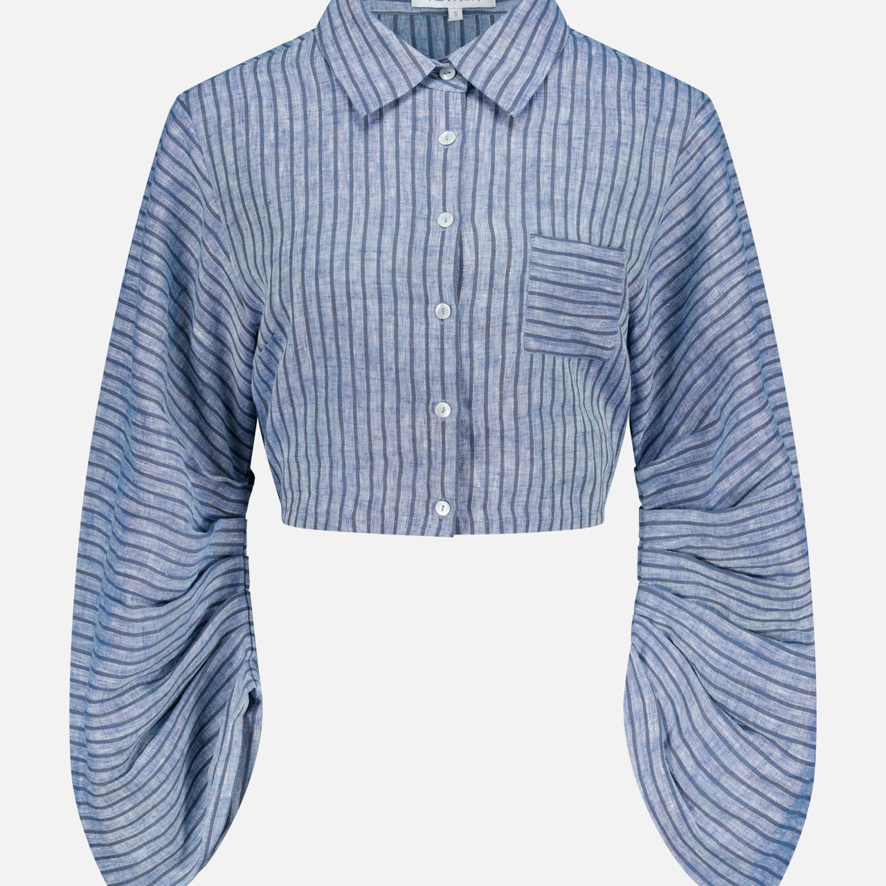 The Raquel Pleated Sleeves Top by HEVRON features blue stripes, a cropped button-up design, collar, chest pocket, and exaggerated pleated sleeves for a modern touch.