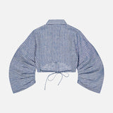 The Raquel Pleated Sleeves Top by HEVRON is a cropped blue striped linen top featuring wide pleated sleeves, a collar, button-front closure, and a drawstring back hem, shown on a plain white background.