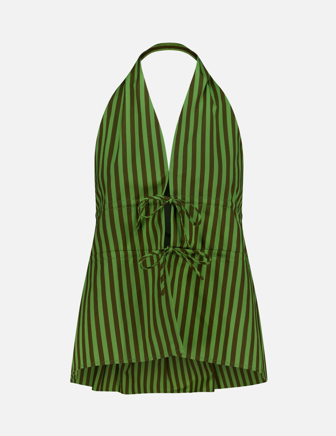 The Amira Halter Front Tie Top by HEVRON features a sleeveless design with vertical dark and light green stripes, a deep V-neck, peplum hem, and two front center ties.